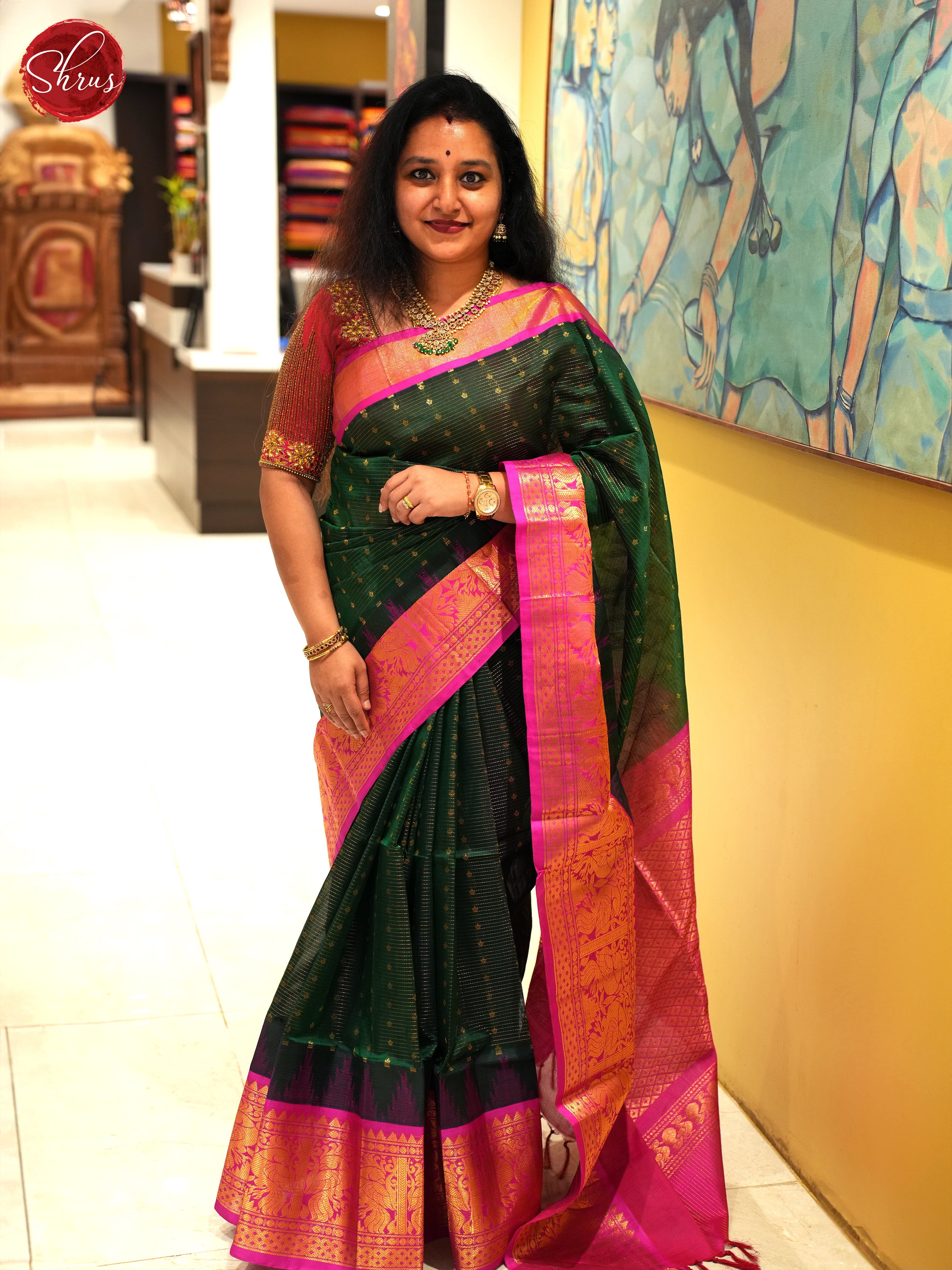 Green And Pink- Silk cotton saree - Shop on ShrusEternity.com