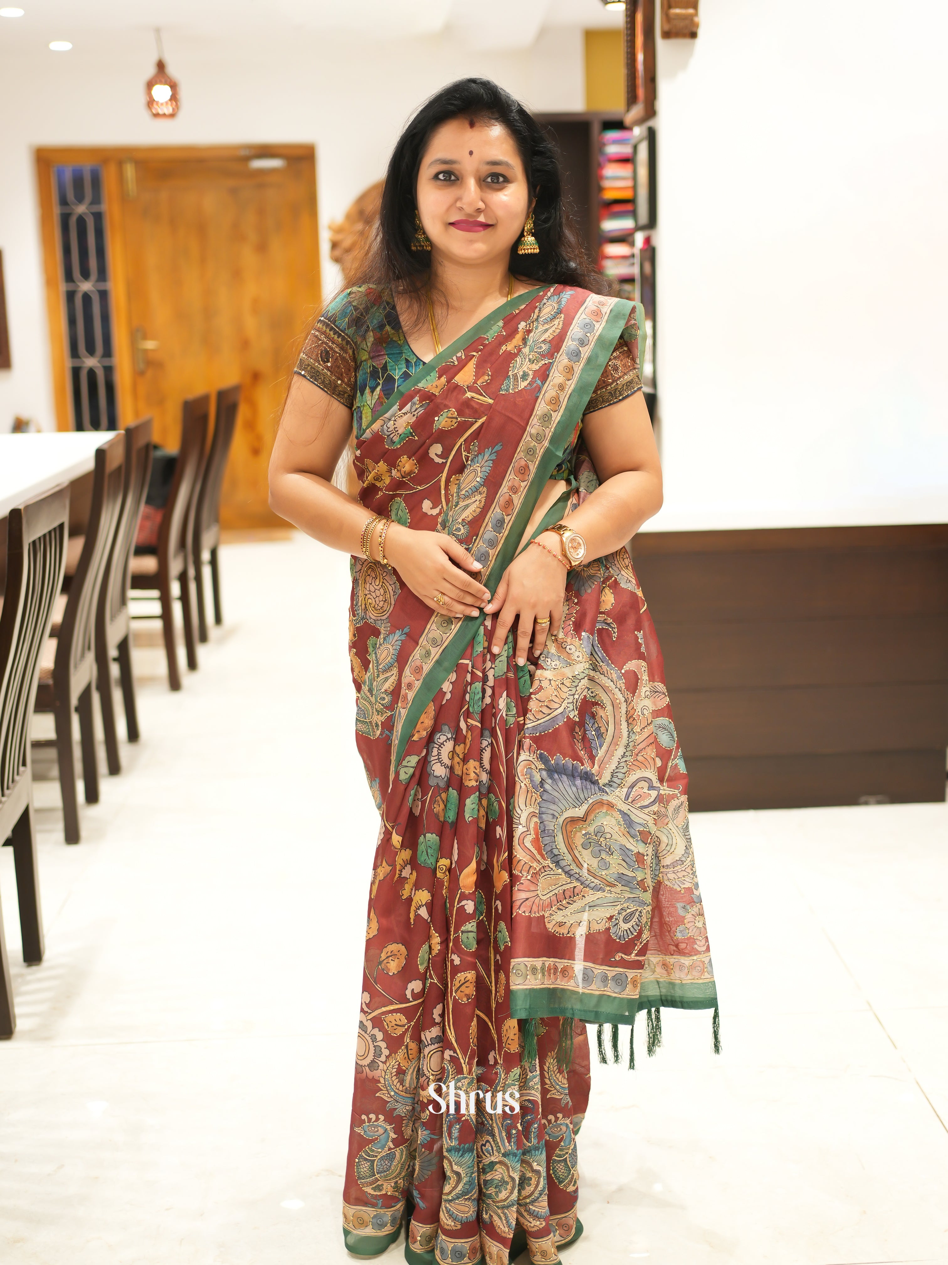 Brown & Green - Semi Kantha Saree