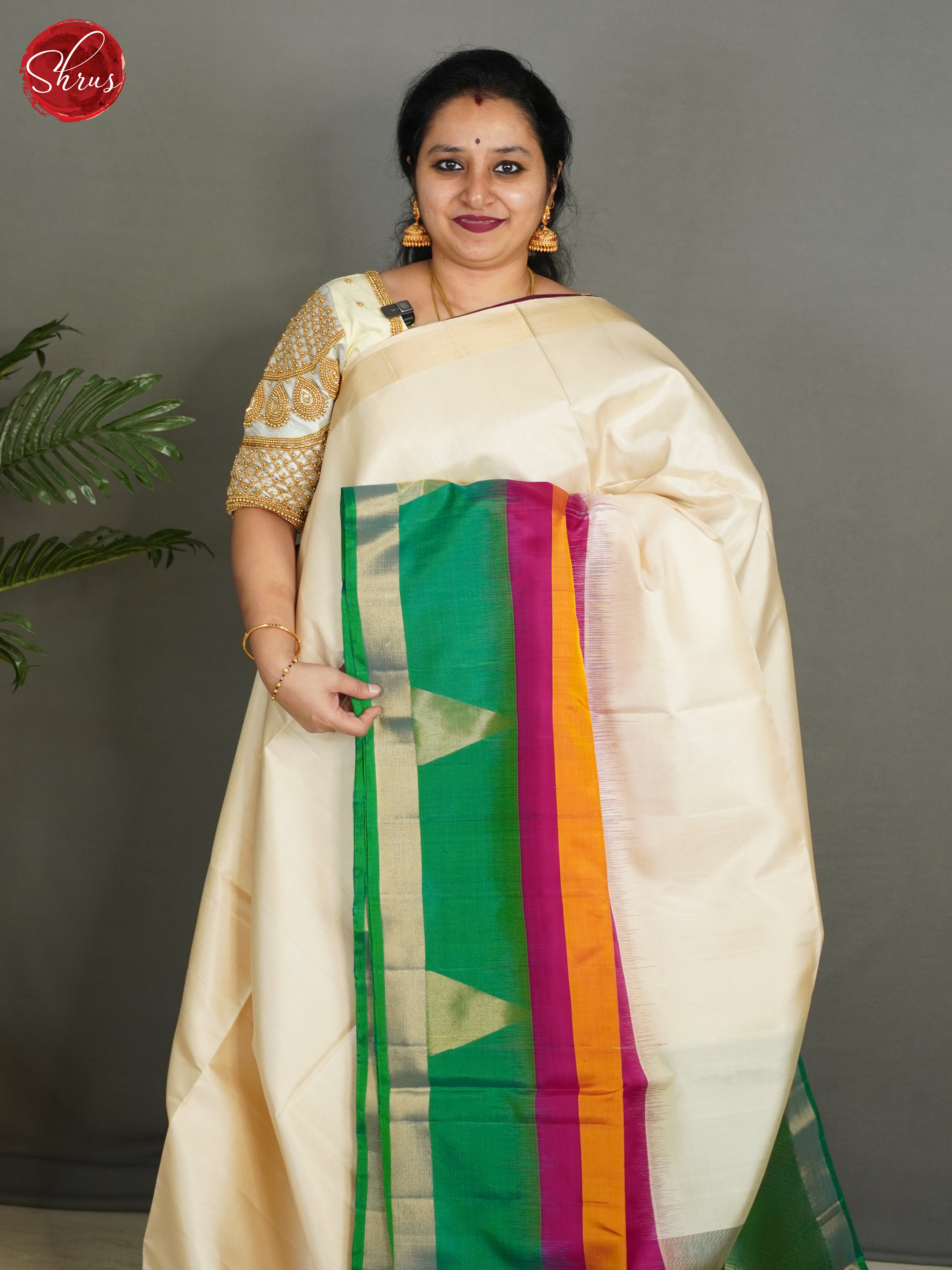 Cream & Green - Soft Silk Saree - Shop on ShrusEternity.com