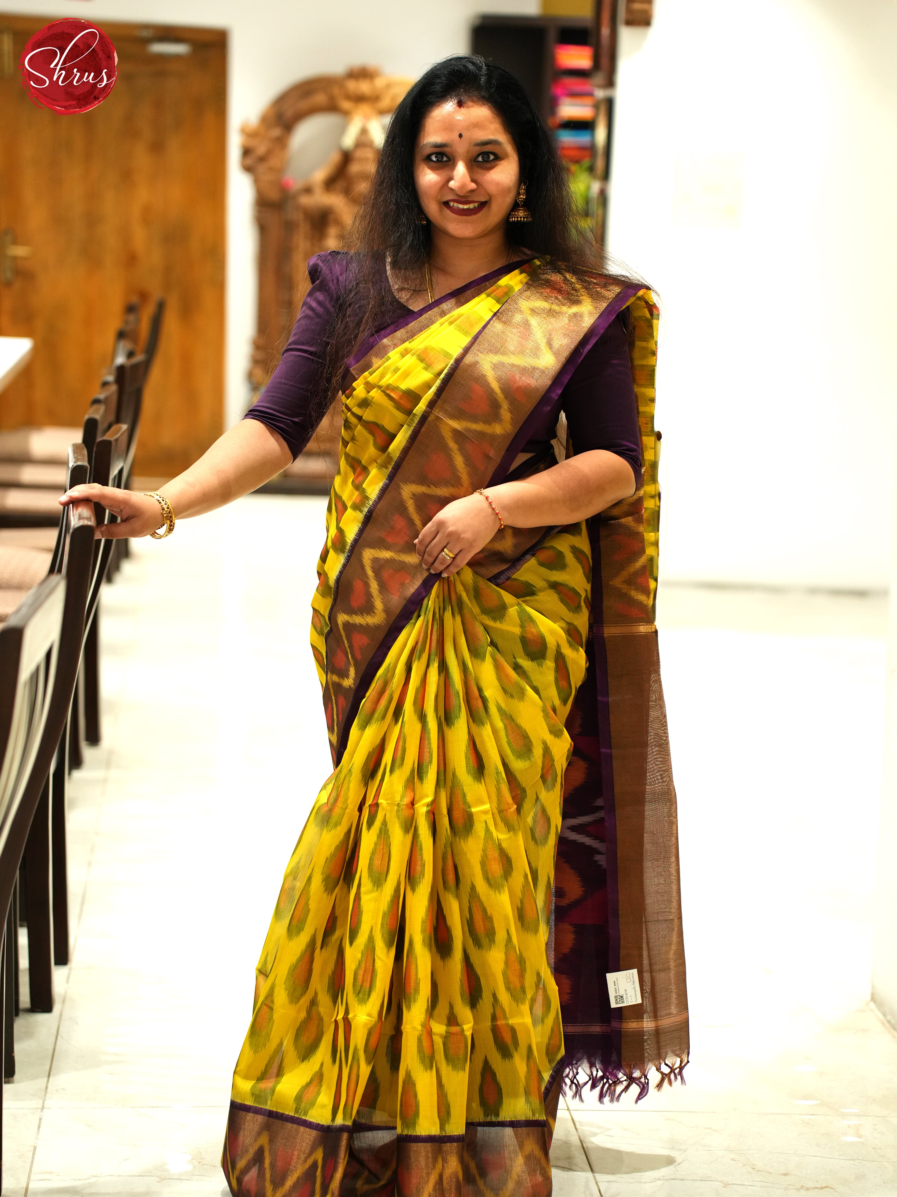 Lime Yellow And Purple- Pochampally Silk Cotton Saree - Shop on ShrusEternity.com