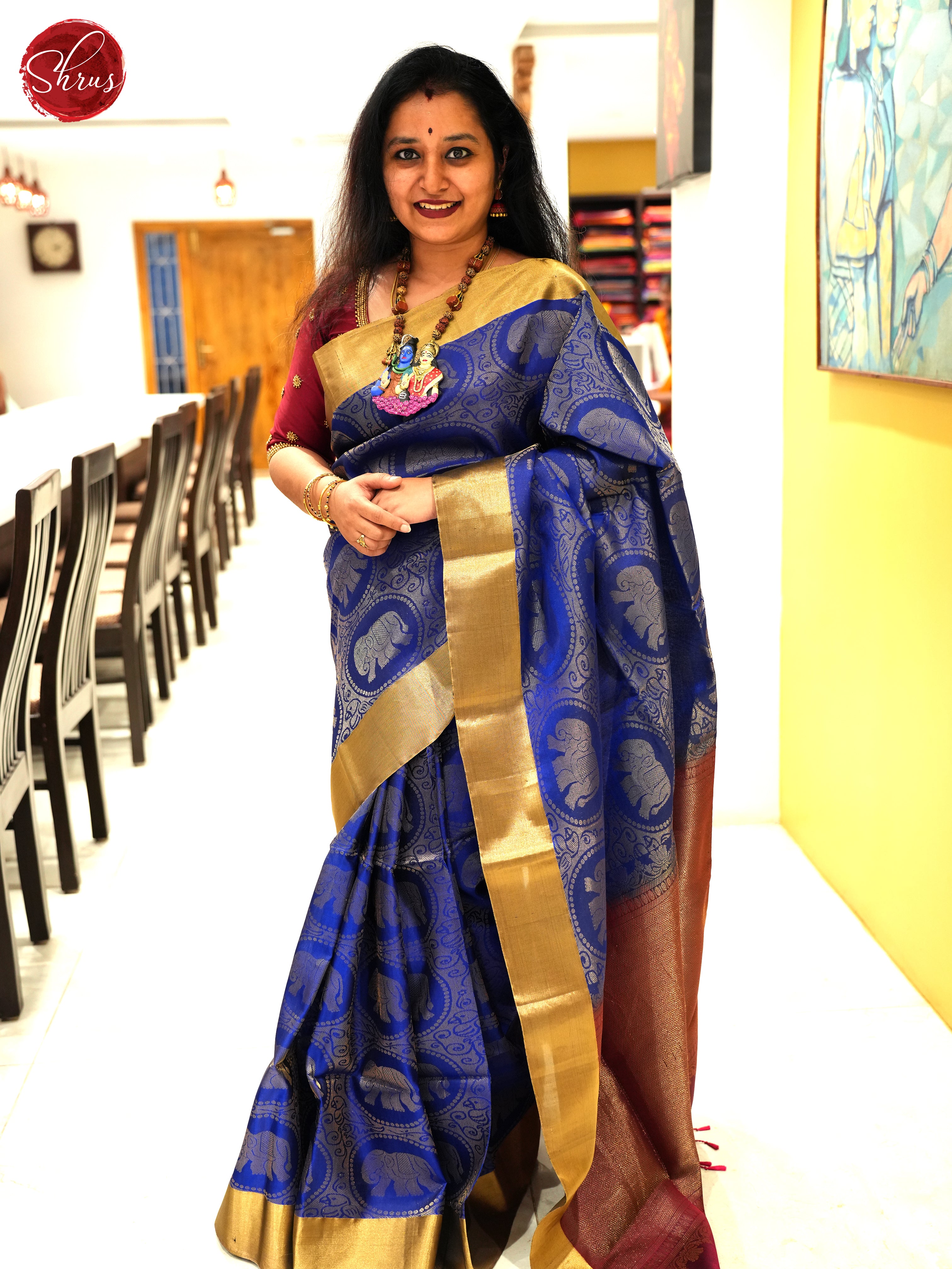 Blue &  Maroon -Soft Silk Saree with Elephant motifs in brocade on the body & Zari Border - Shop on ShrusEternity.com