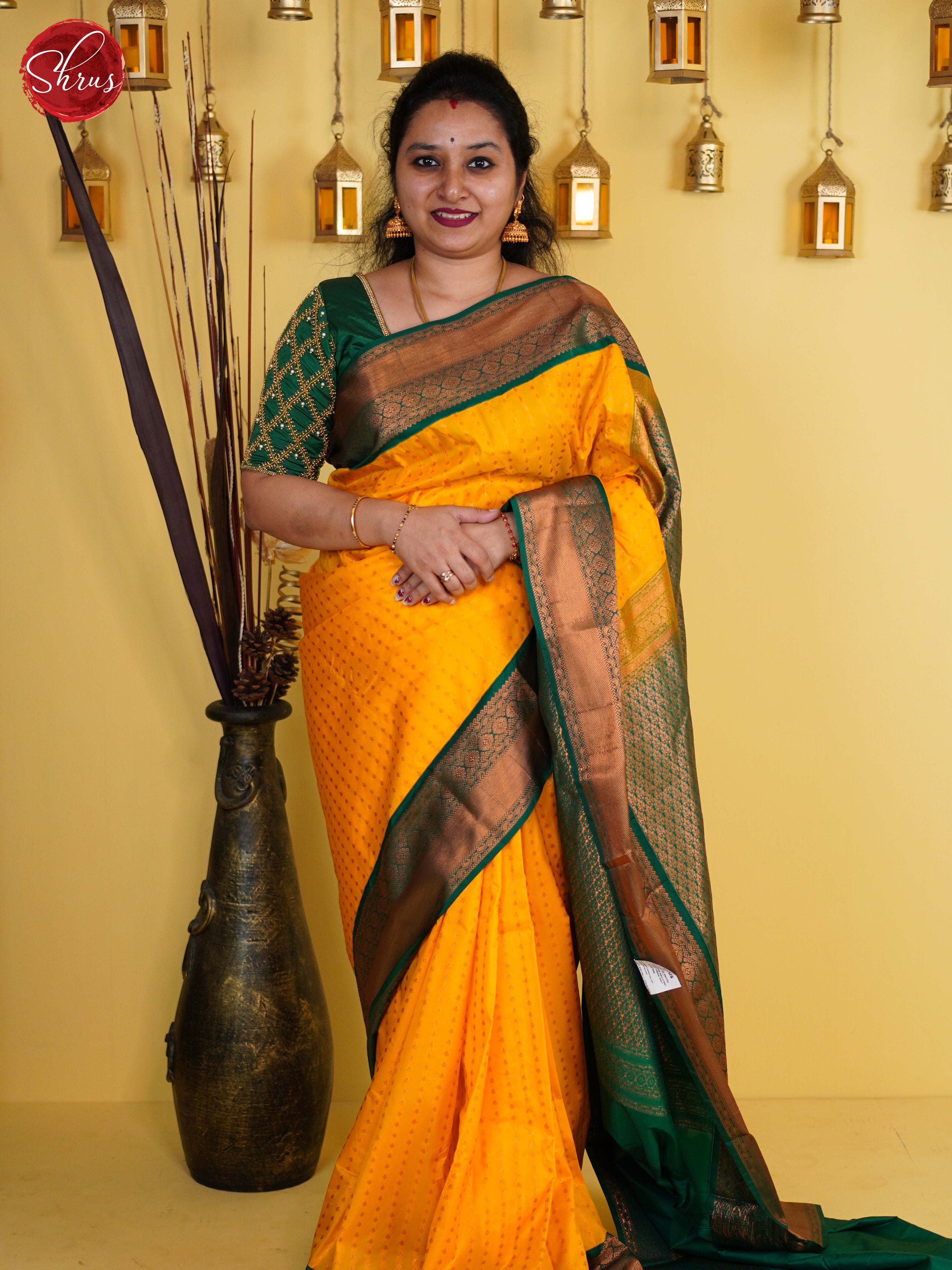 Yellow & Green - Semi Kanchipuram Saree - Shop on ShrusEternity.com