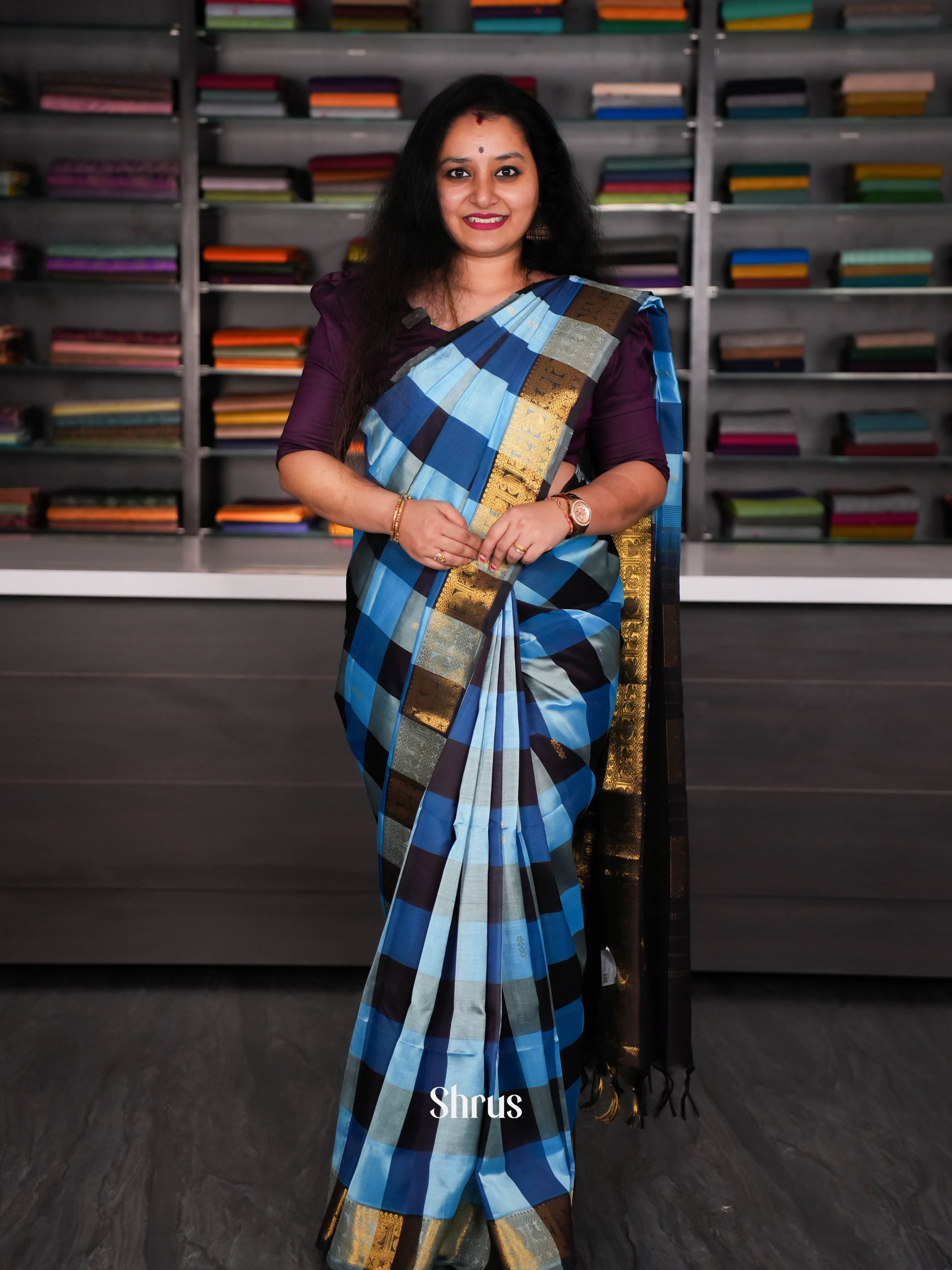 Blue & Black - Silk Cotton Saree