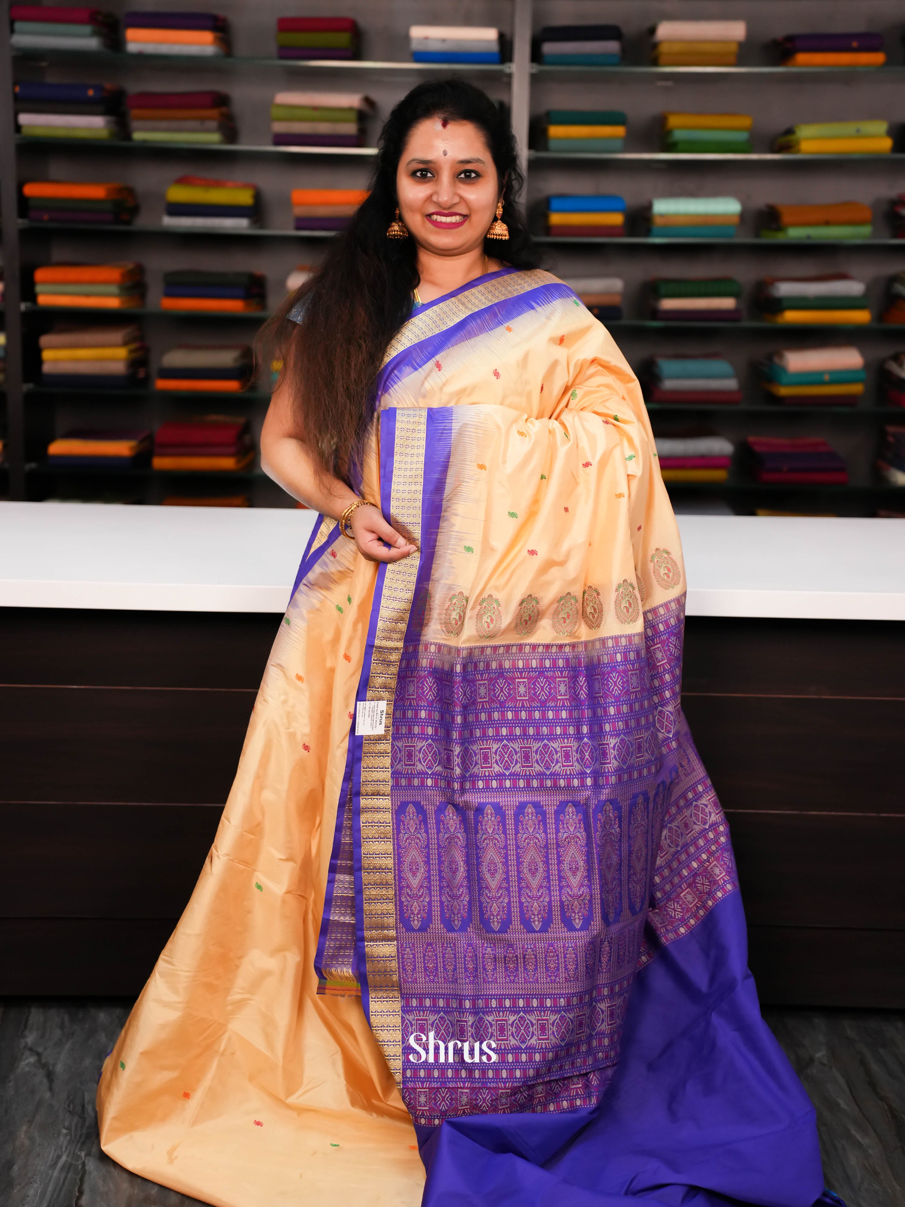 Beige And Purple - Odisha silk Saree