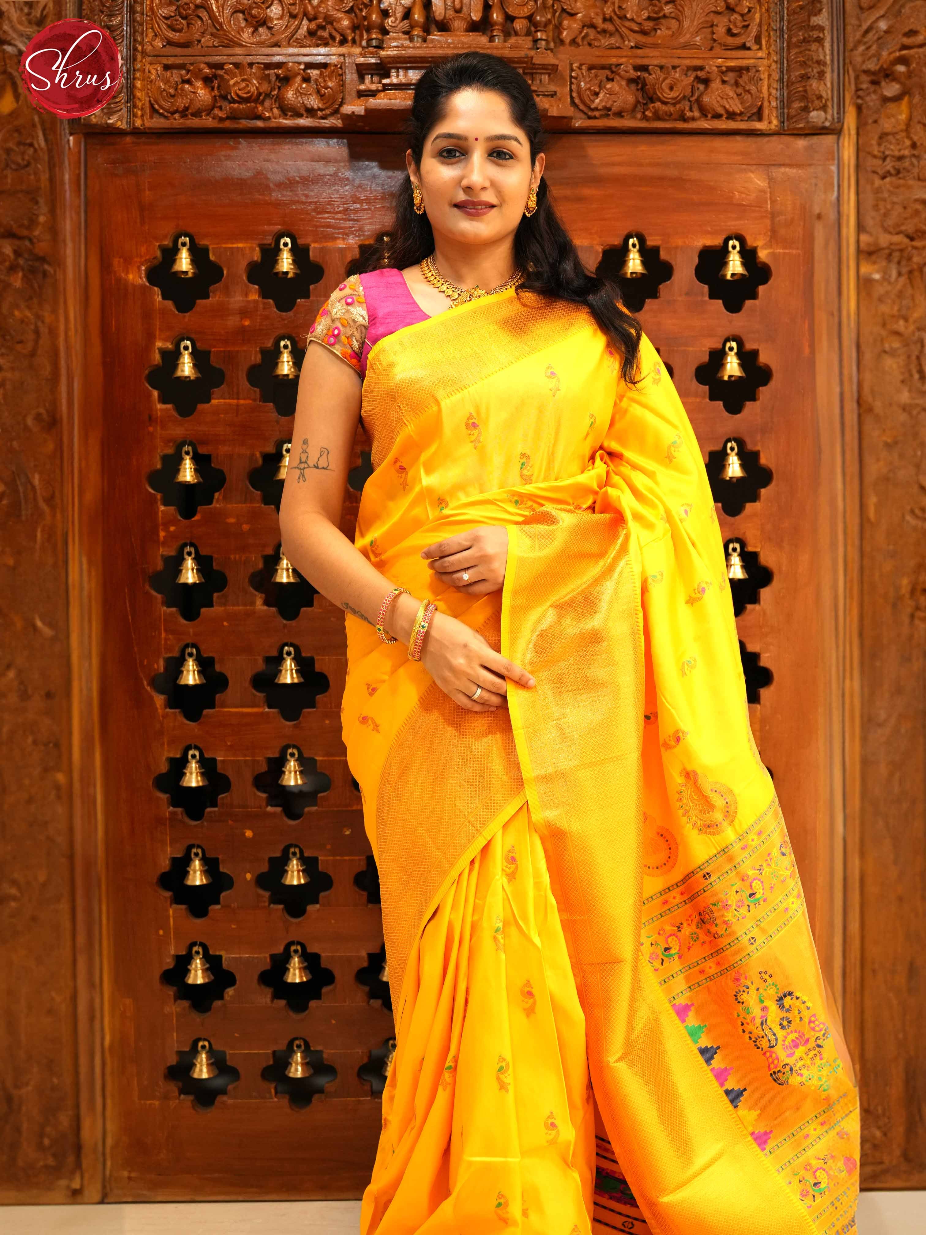 Yellow (single tone)- Semi Kanchipuram Saree - Shop on ShrusEternity.com