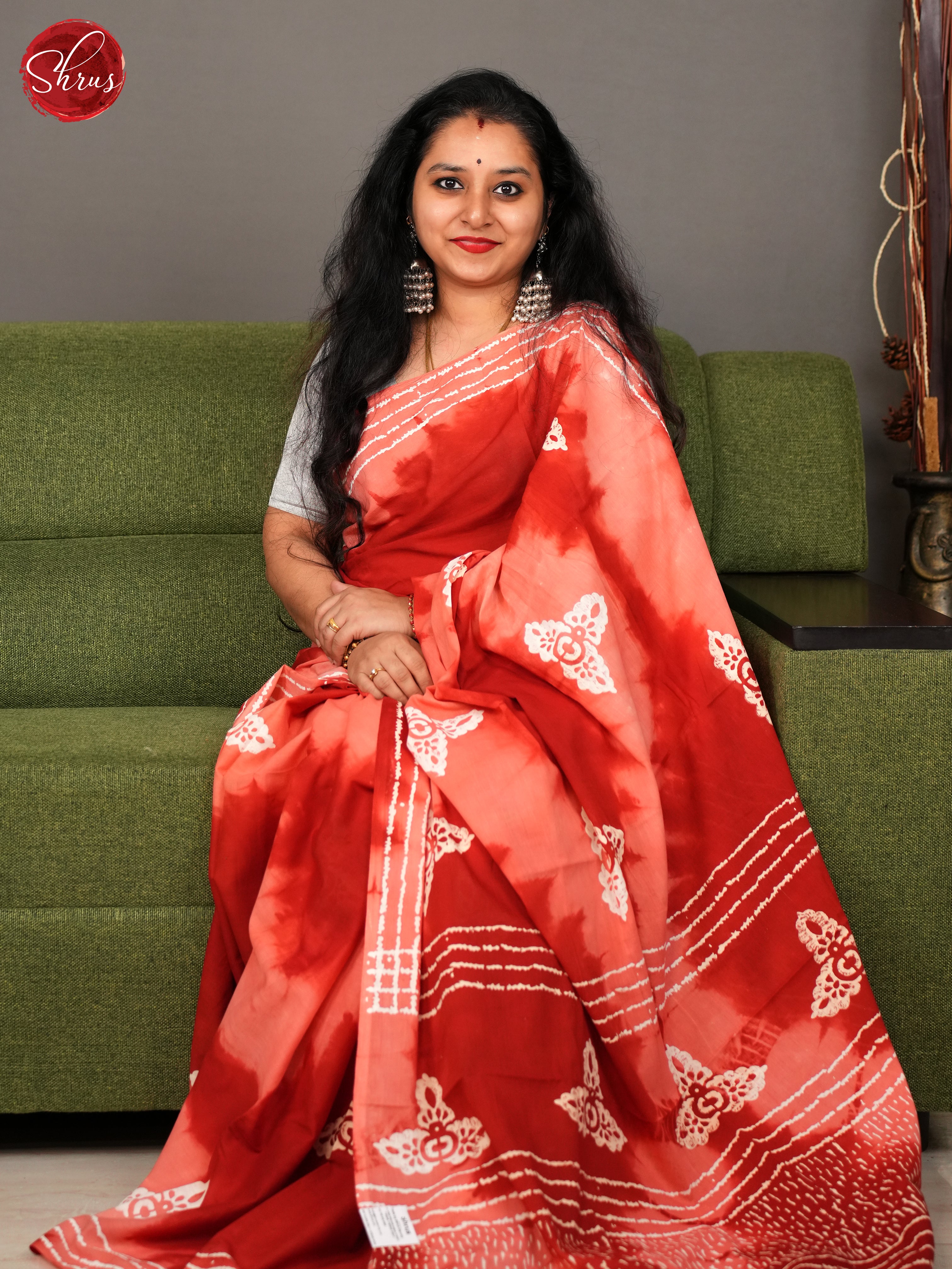 Peach & Red- Jaipur cotton Saree - Shop on ShrusEternity.com