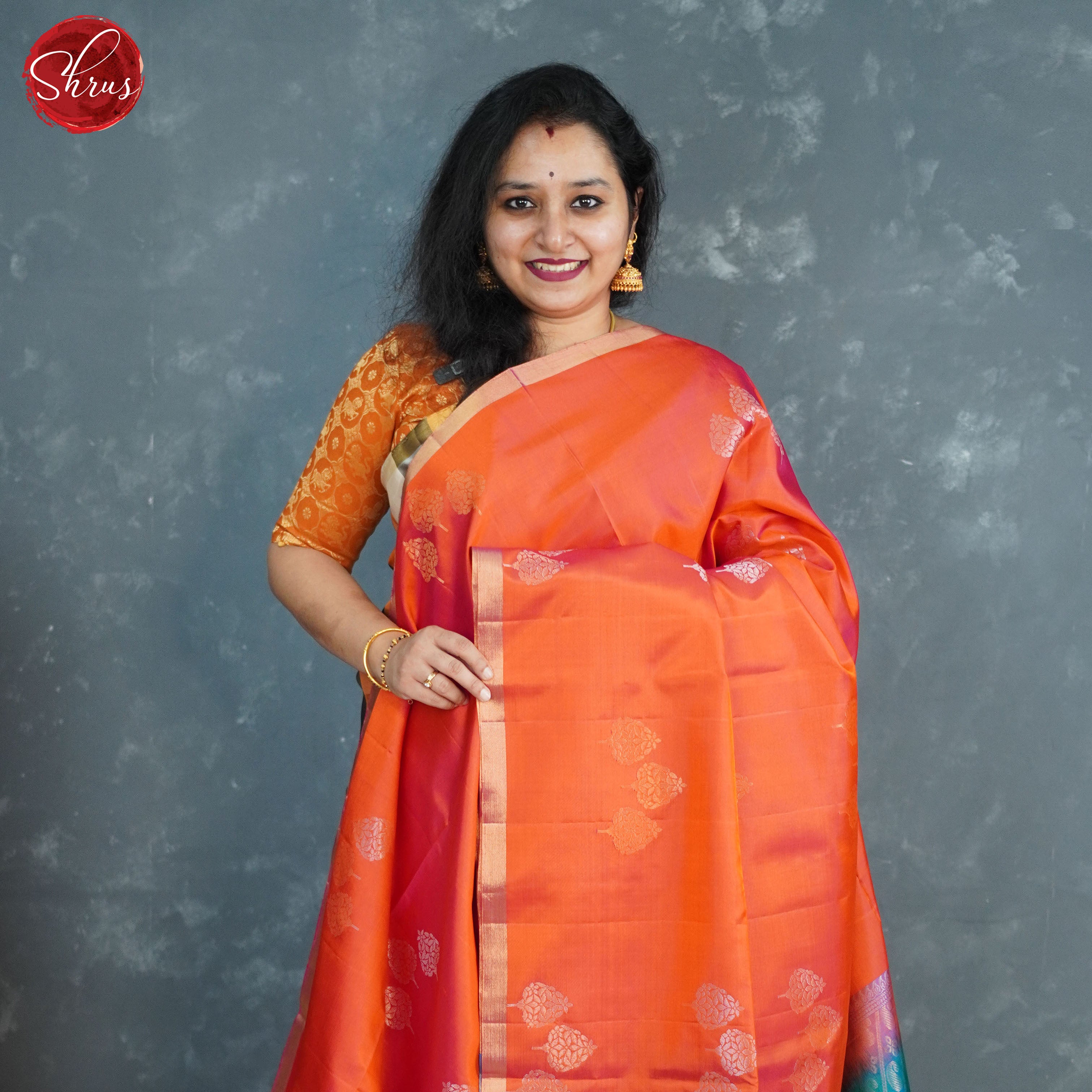 Orangish Red and blue - Soft Silk Saree - Shop on ShrusEternity.com