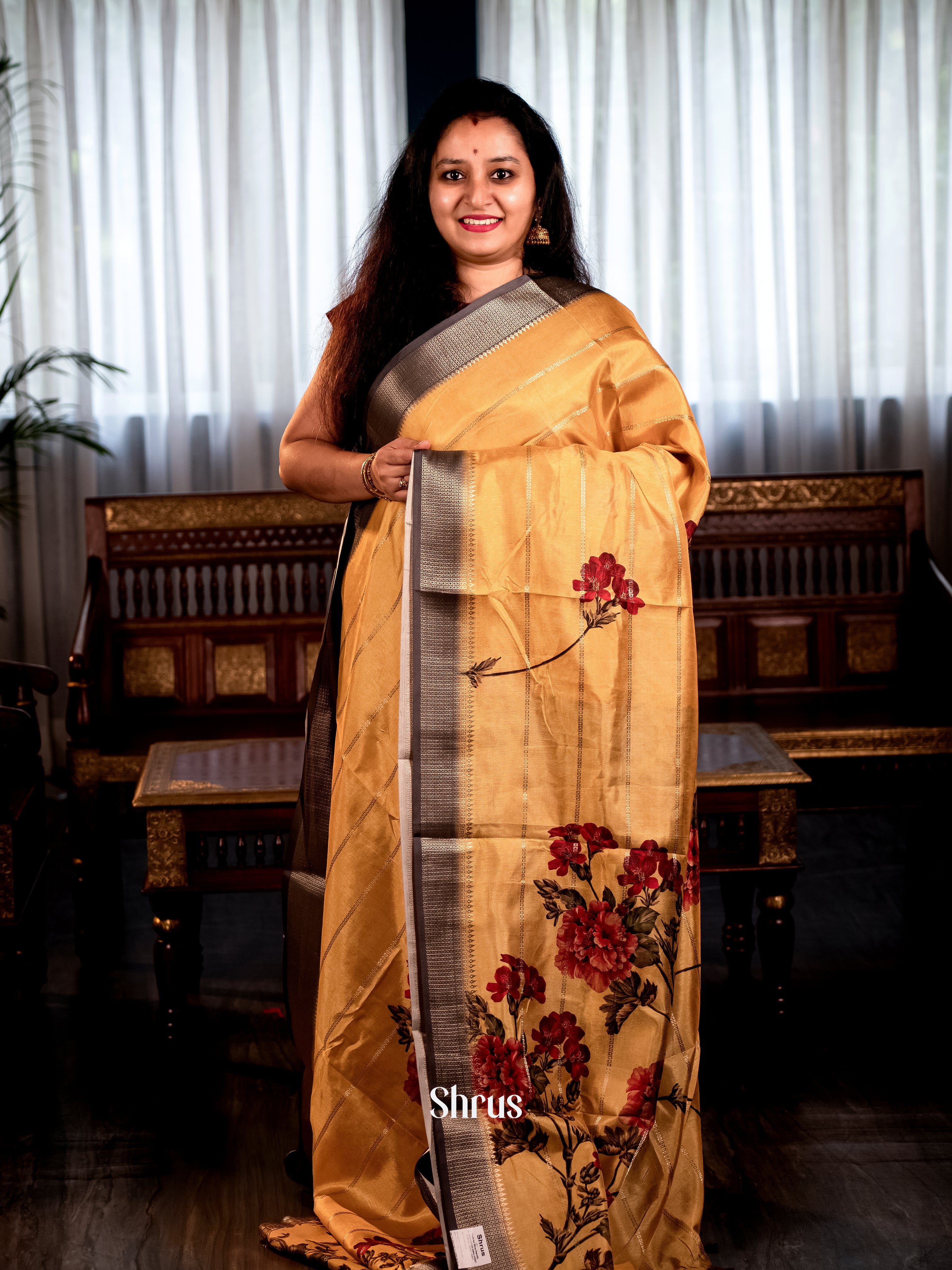 Orange & Grey- Semi Crepe Saree