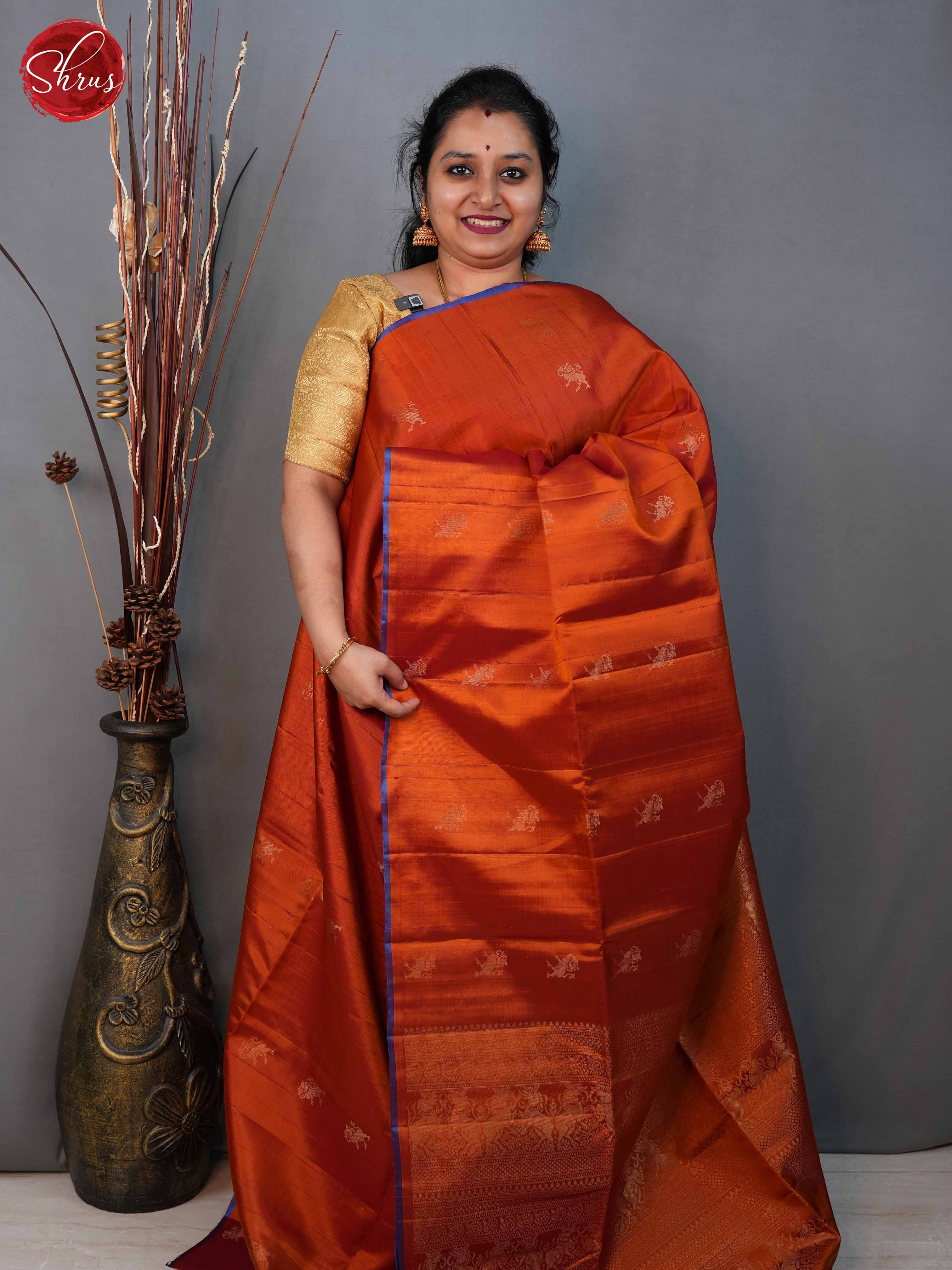 Brick Orange and blue - Soft Silk Saree - Shop on ShrusEternity.com