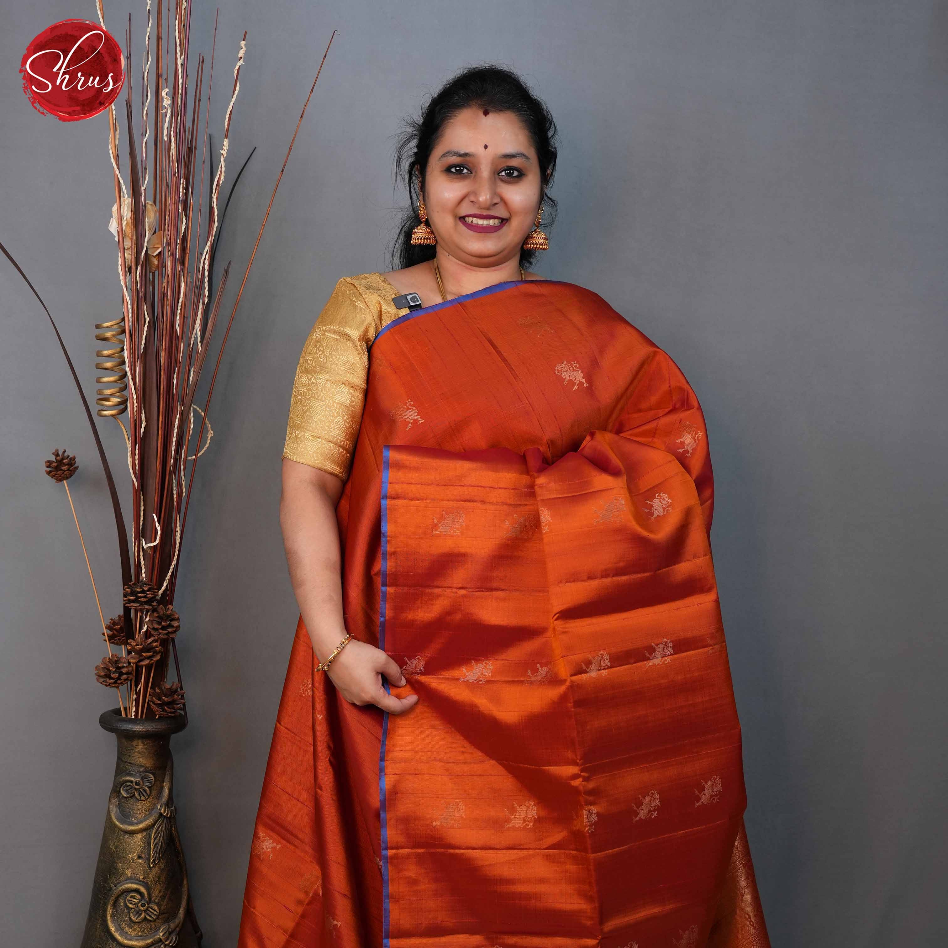 Brick Orange and blue - Soft Silk Saree - Shop on ShrusEternity.com