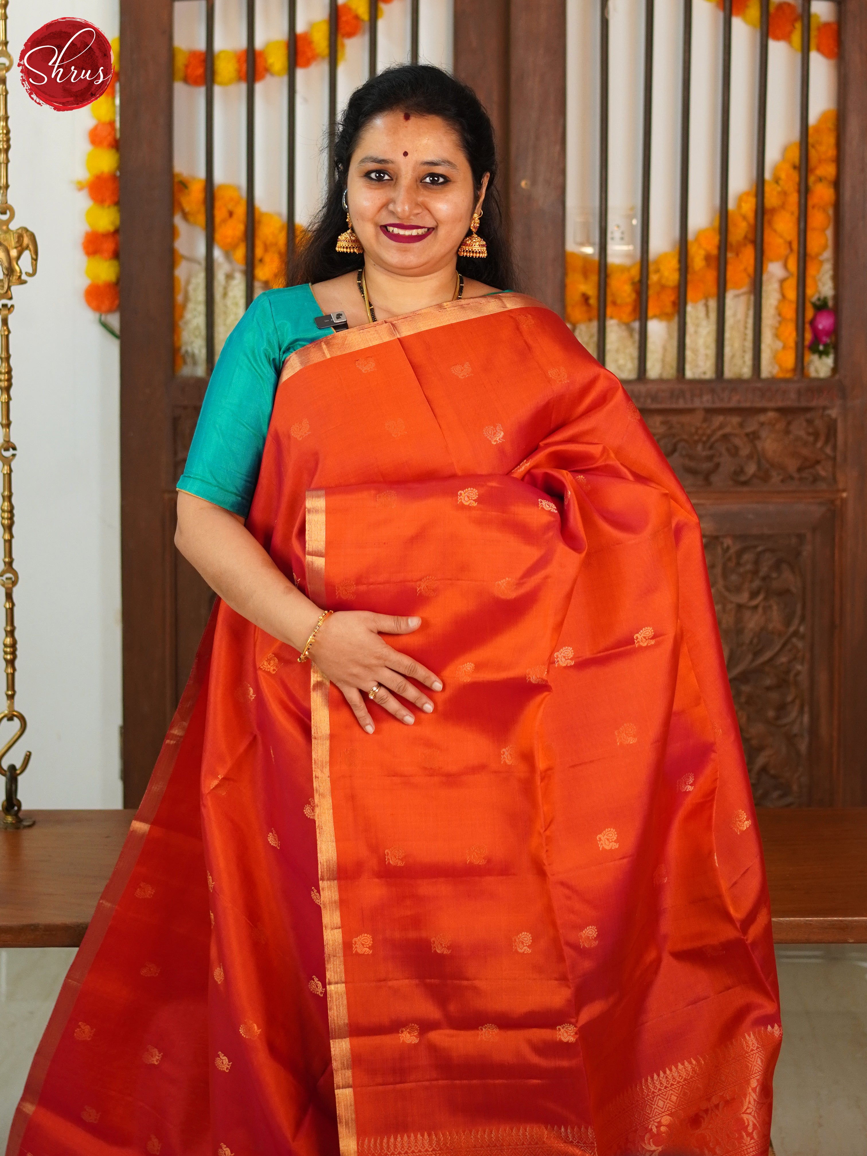 Orangish Pink & Green - Soft Silk Saree - Shop on ShrusEternity.com