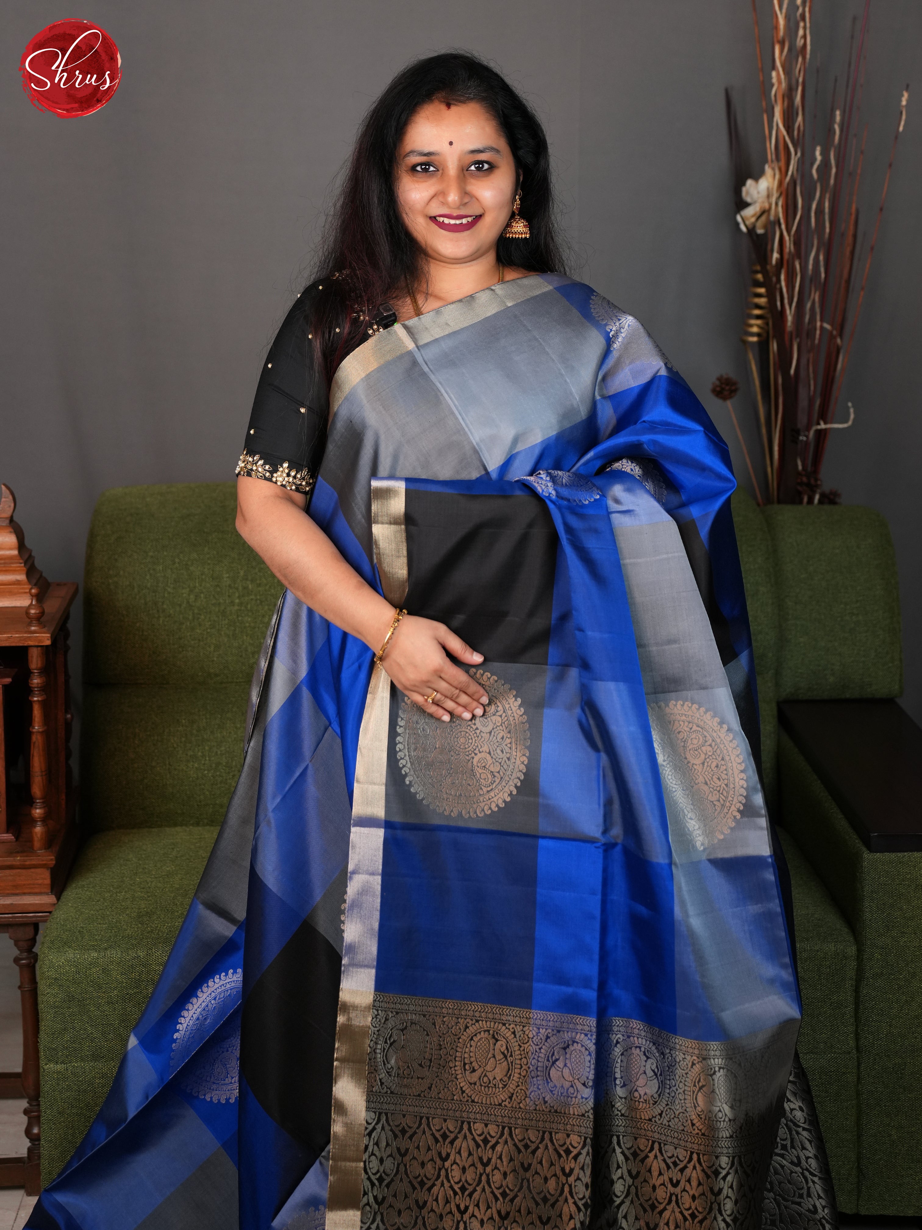 Grey ,blue and black- Soft Silk Saree - Shop on ShrusEternity.com