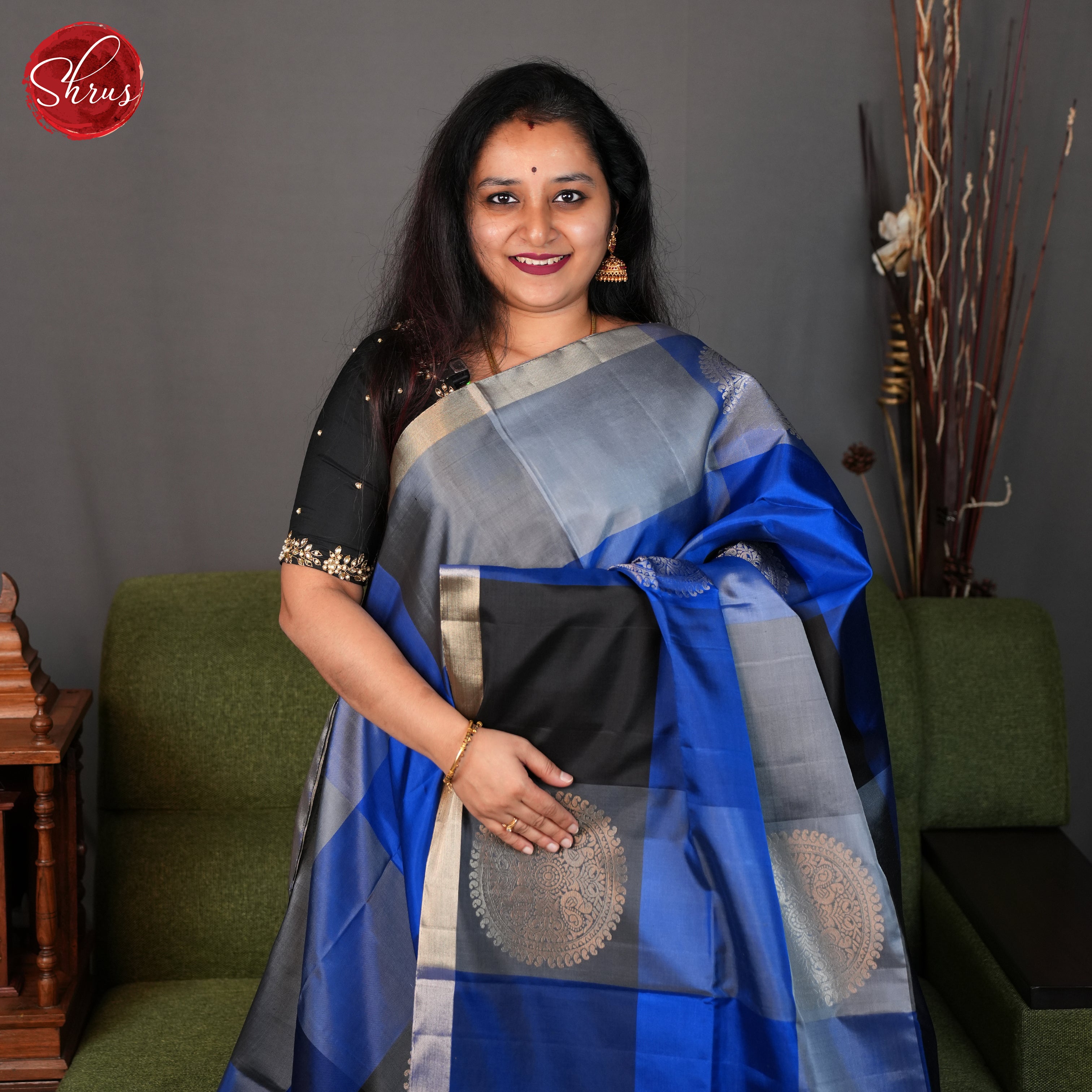 Grey ,blue and black- Soft Silk Saree - Shop on ShrusEternity.com