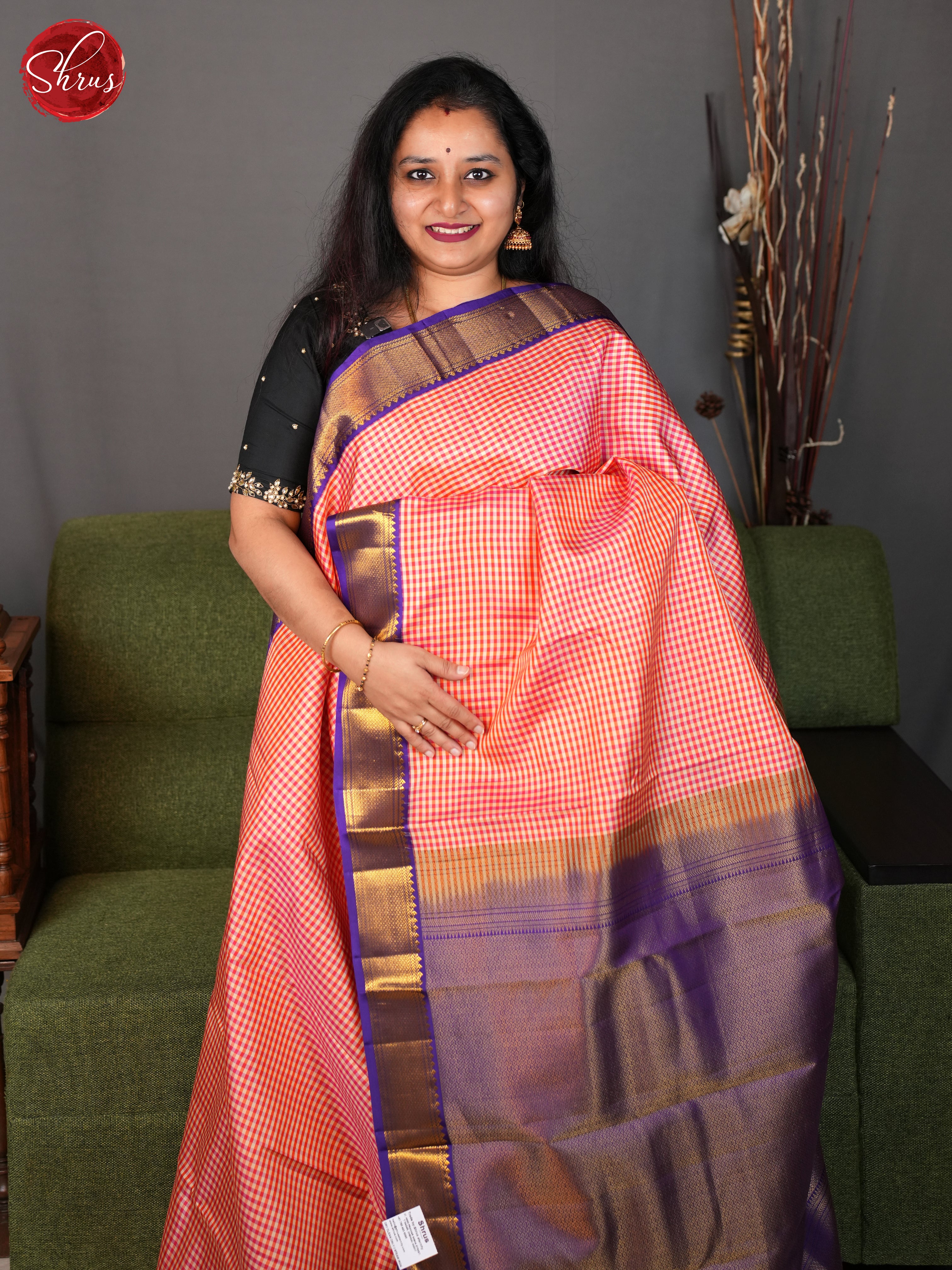 Orange and purple - Kanchipuram silk Saree - Shop on ShrusEternity.com