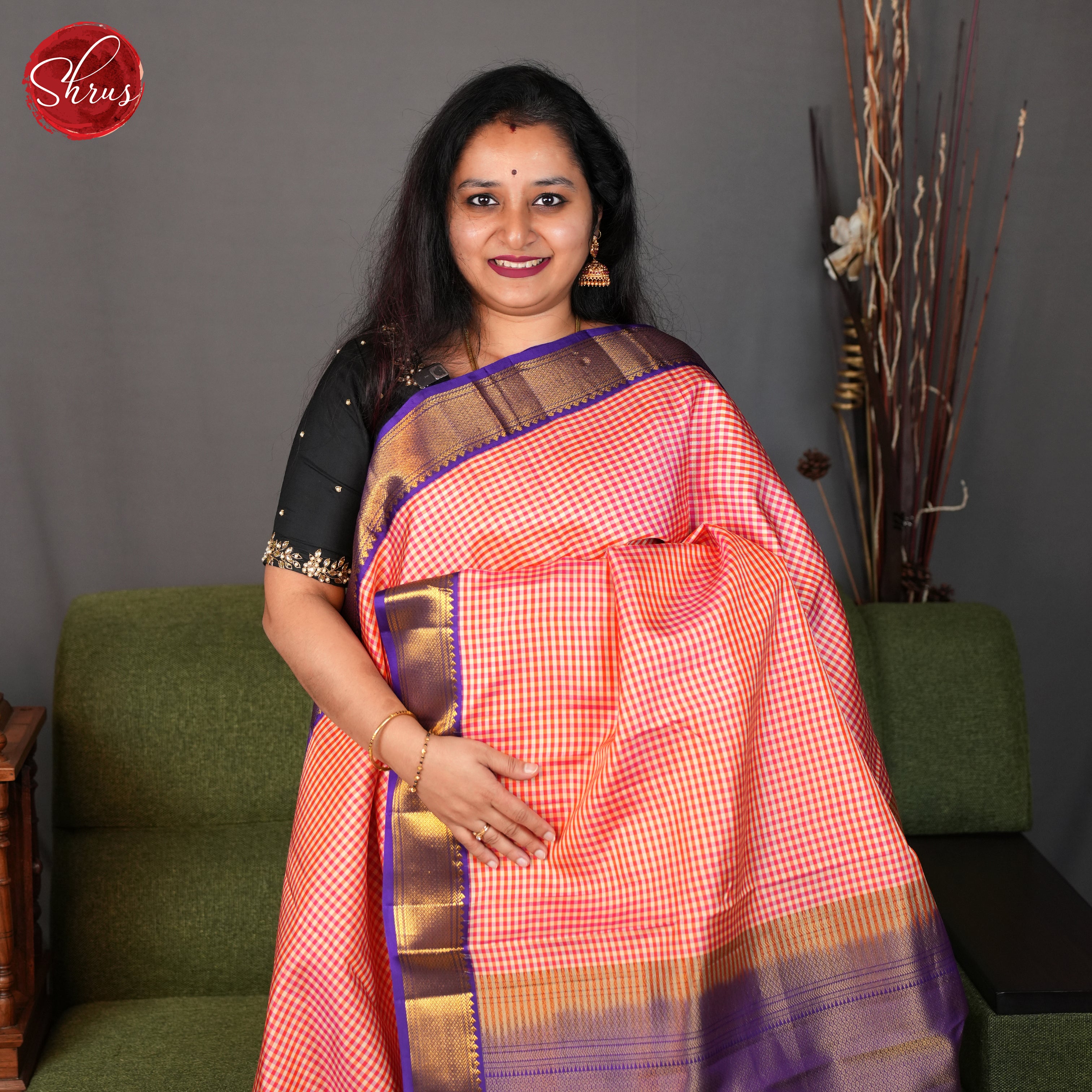 Orange and purple - Kanchipuram silk Saree - Shop on ShrusEternity.com