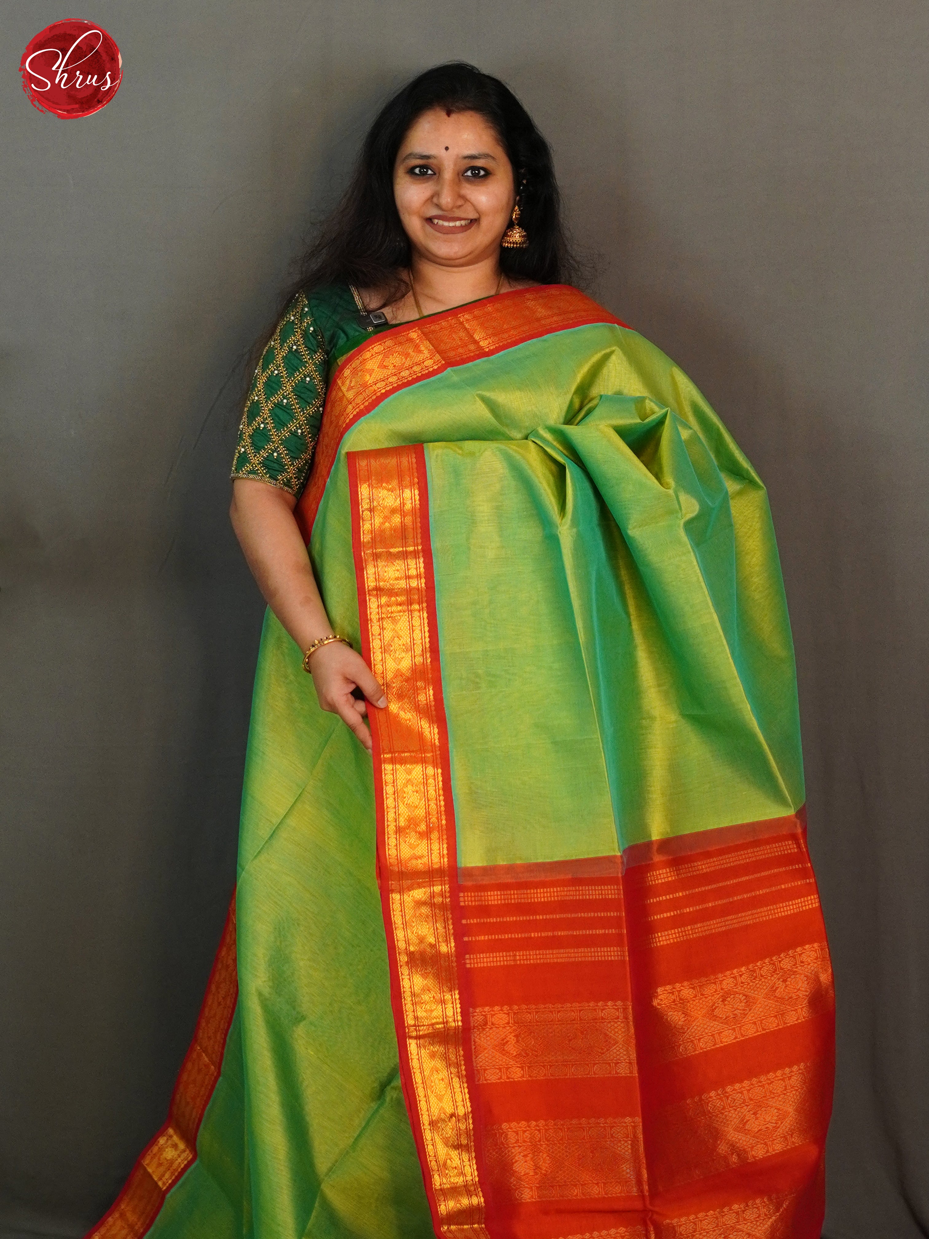 Green And orange-Silk Cotton Saree - Shop on ShrusEternity.com