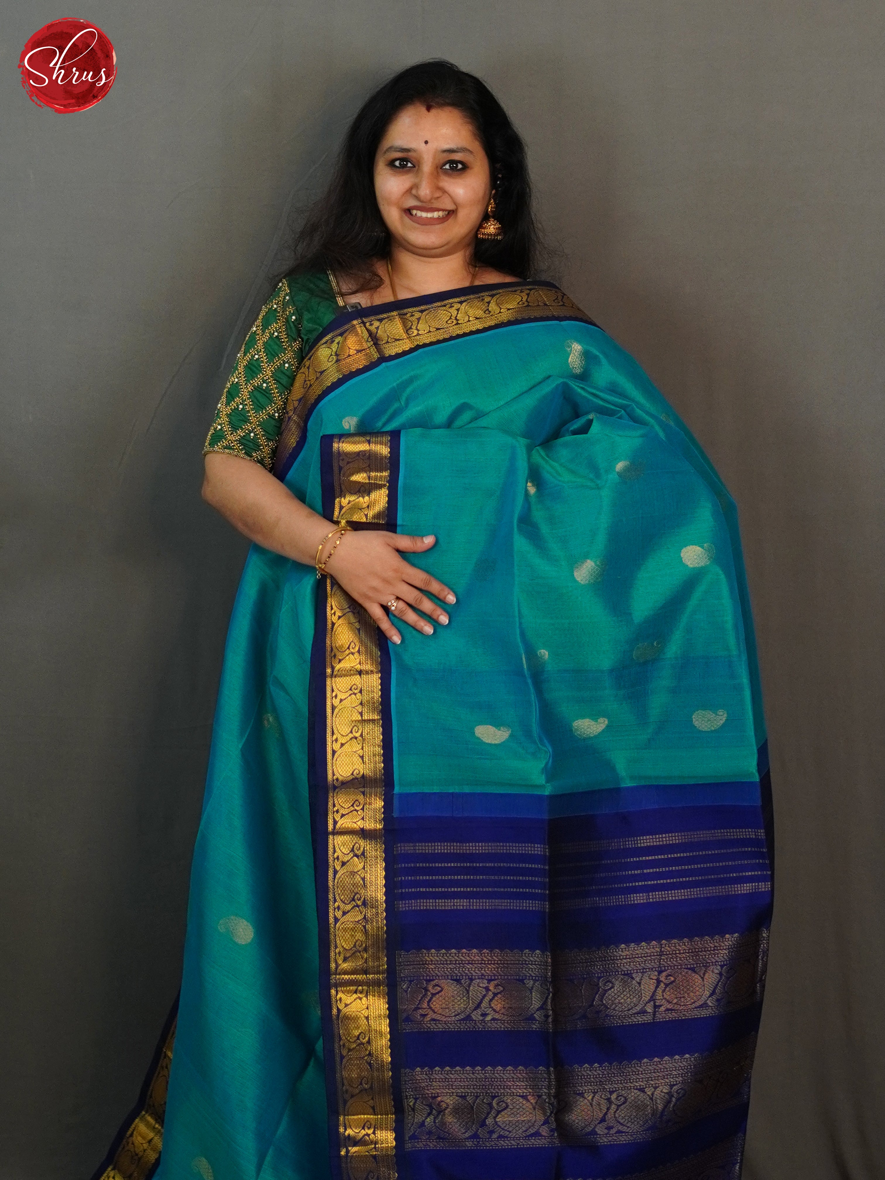 Blue & Navy Blue - Silk Cotton Saree - Shop on ShrusEternity.com