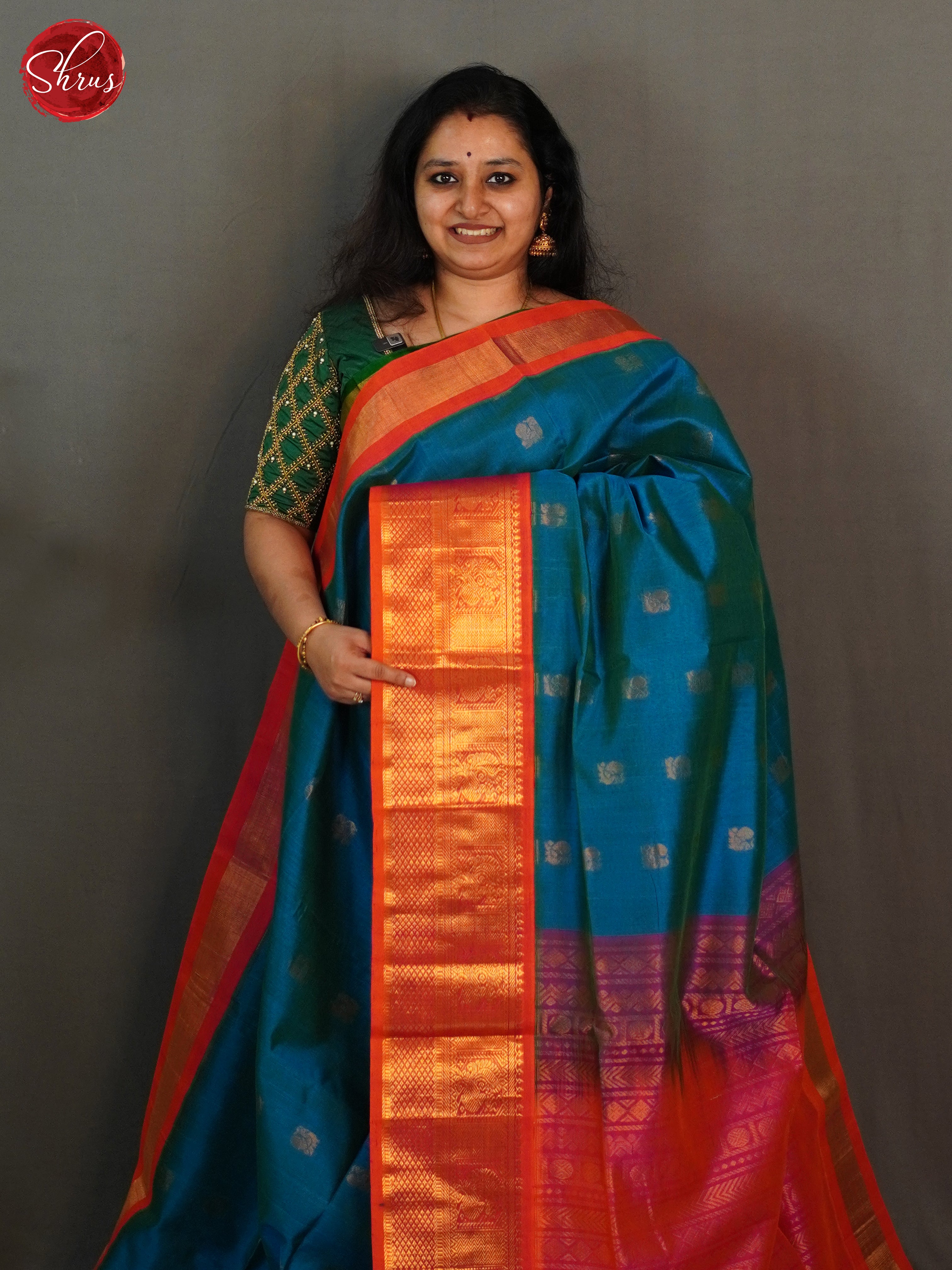 Blue And Pink-Silk Cotton Saree - Shop on ShrusEternity.com