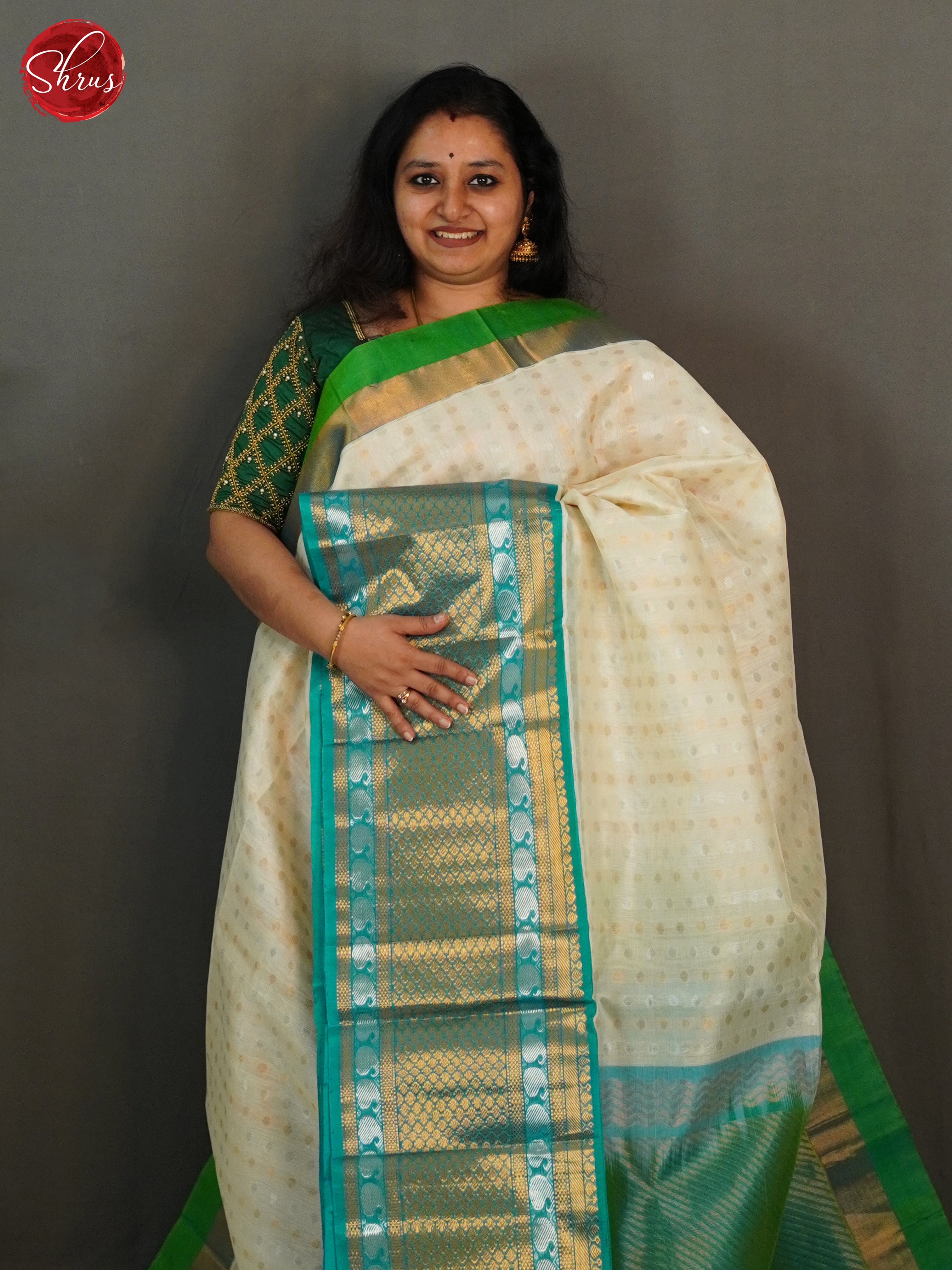 Cream & Blue- Silk Cotton Saree - Shop on ShrusEternity.com