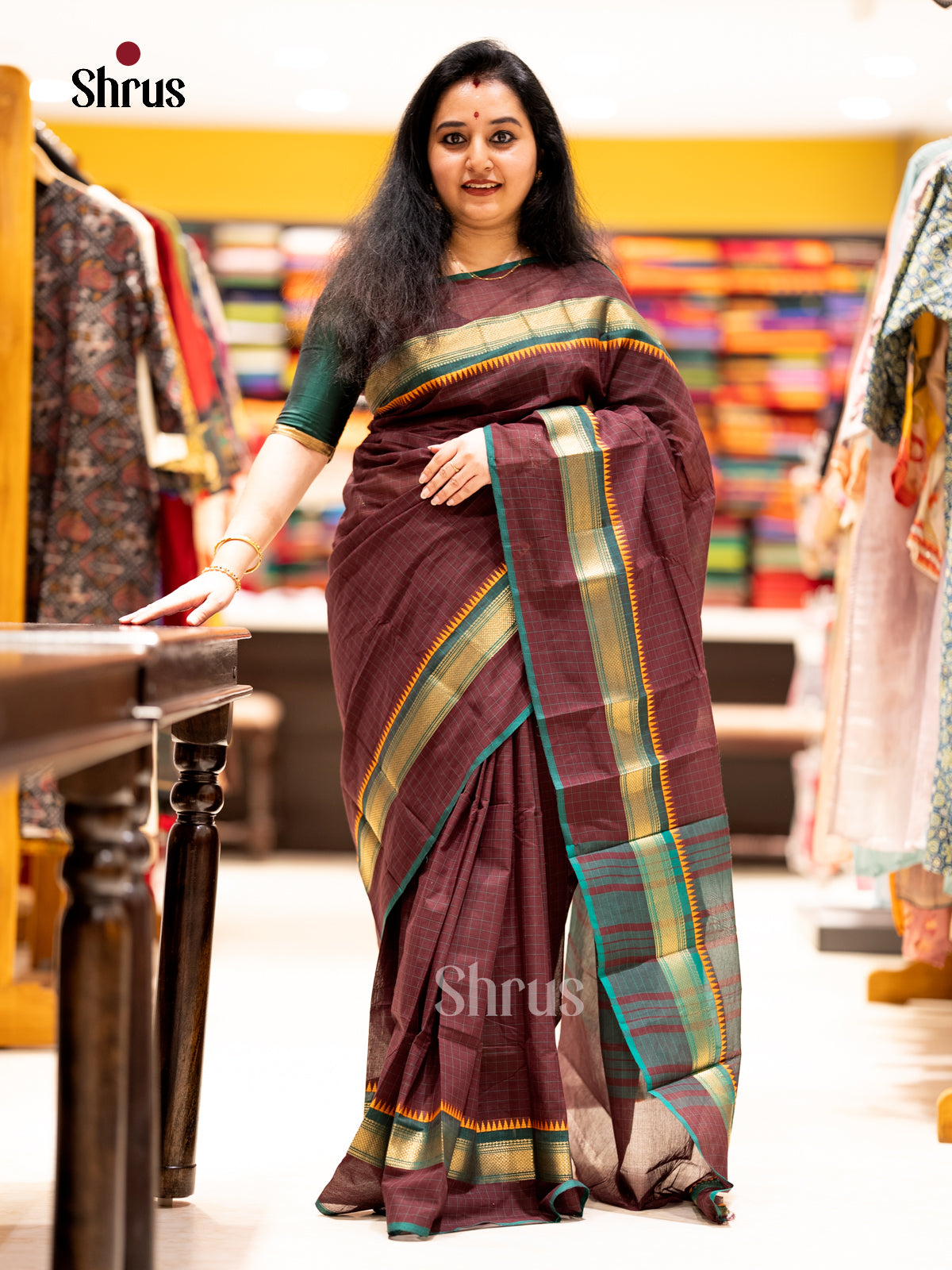 Maroon & Green - Chettinad Cotton - Saree-EAS30719 - Shop on Shrus.com