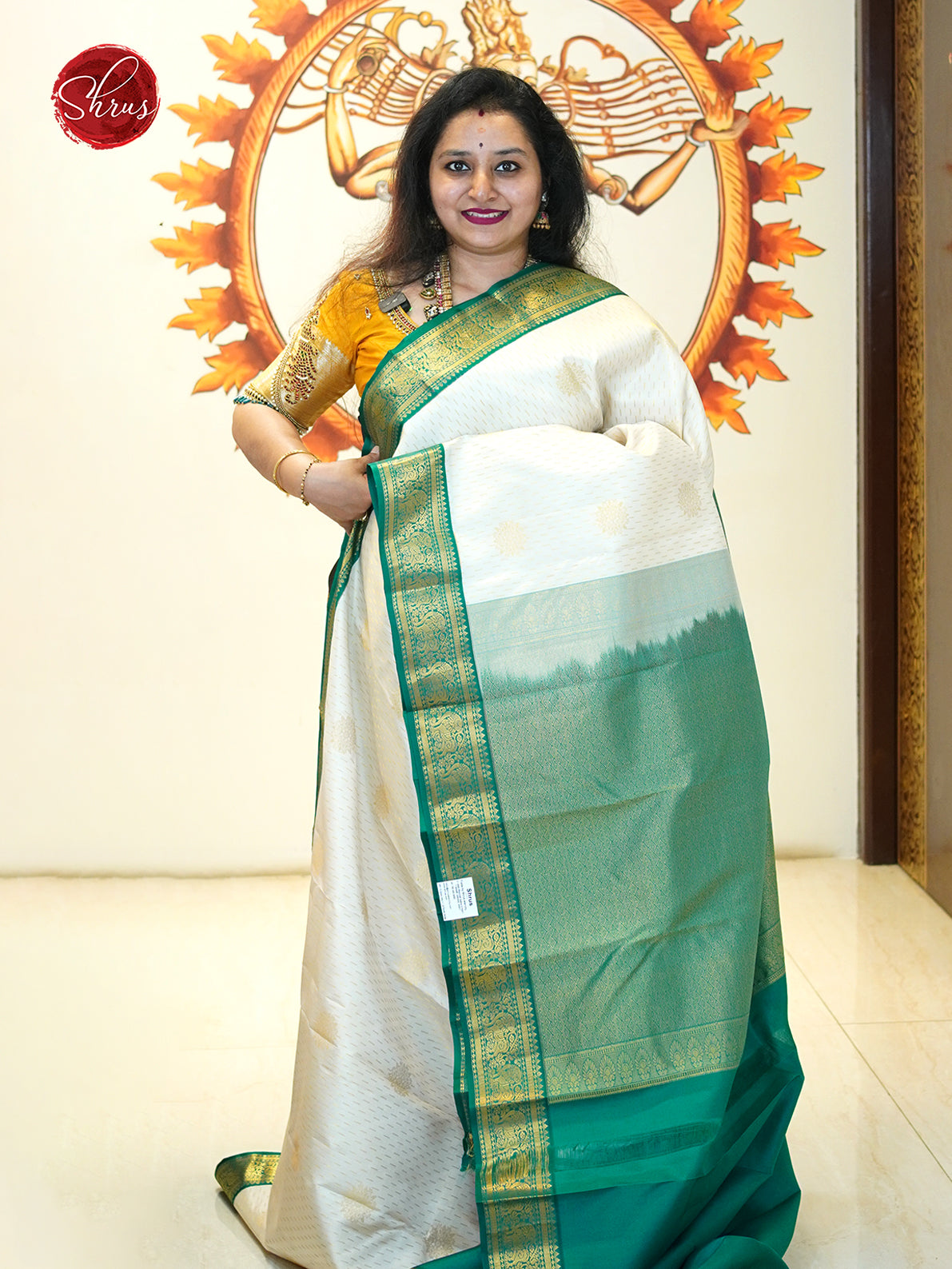 Cream And Green - Kanchipuram silk Saree - Shop on ShrusEternity.com