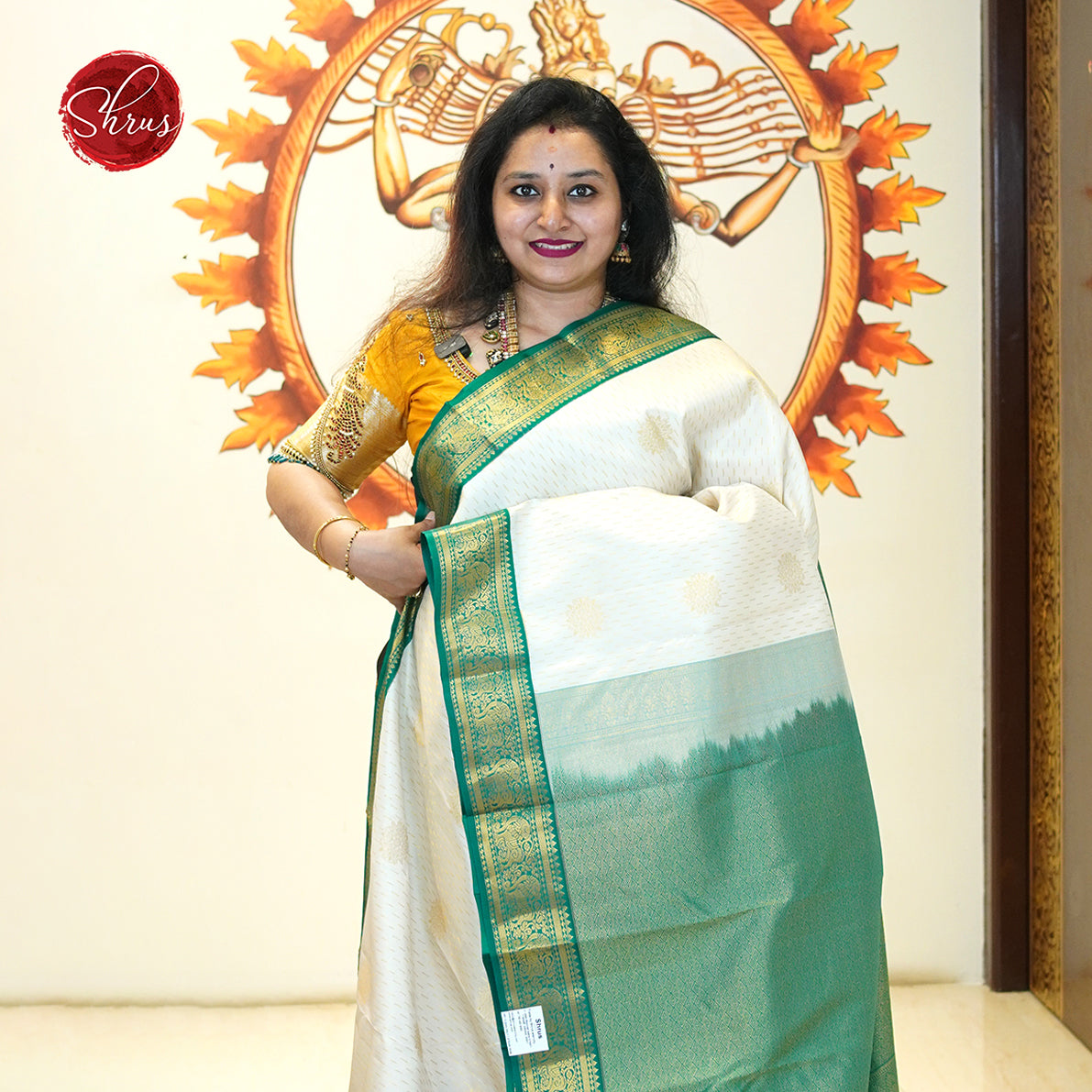 Cream And Green - Kanchipuram silk Saree - Shop on ShrusEternity.com