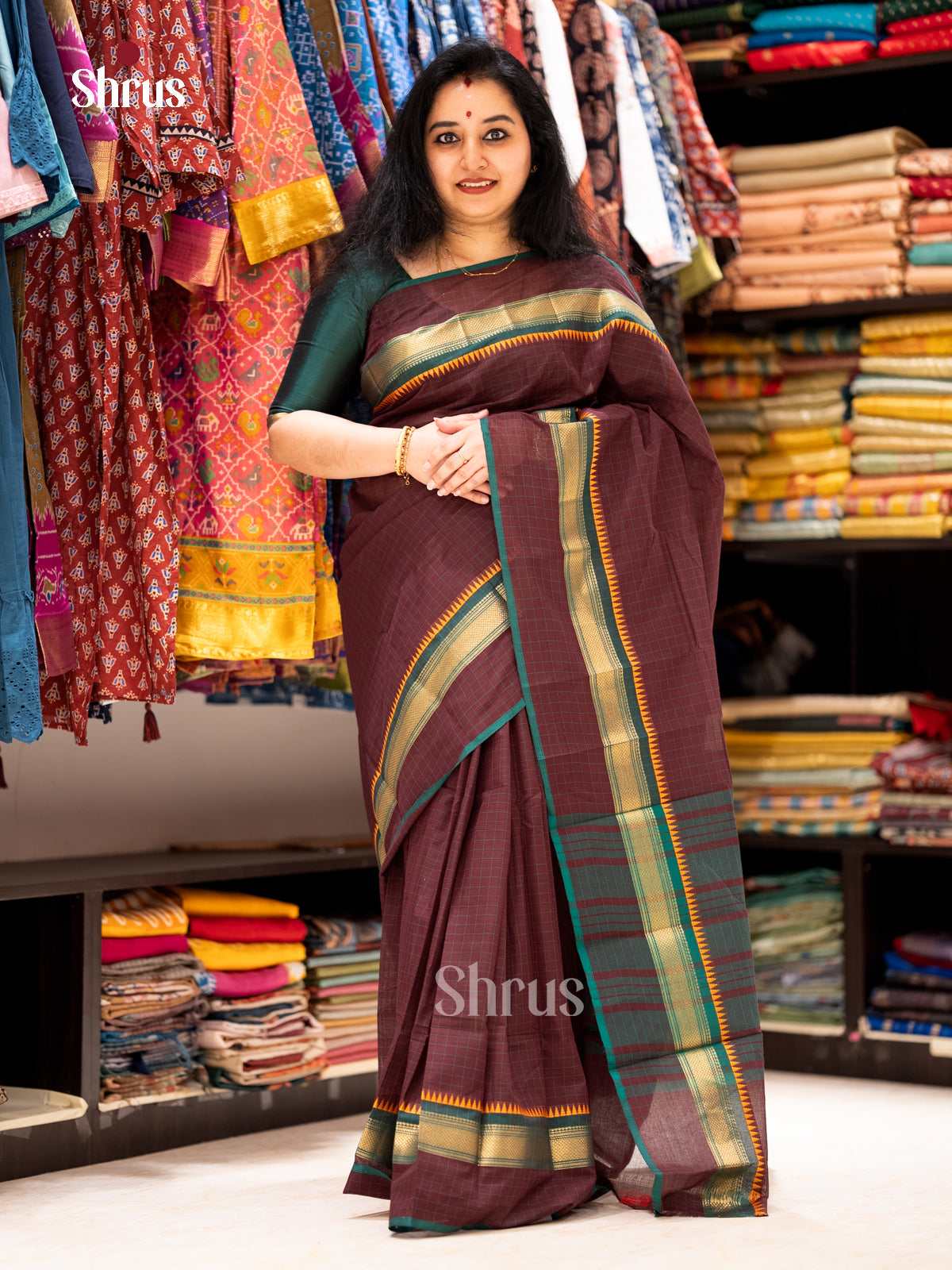 Maroon & Green - Chettinad Cotton - Saree-EAS30719 - Shop on Shrus.com