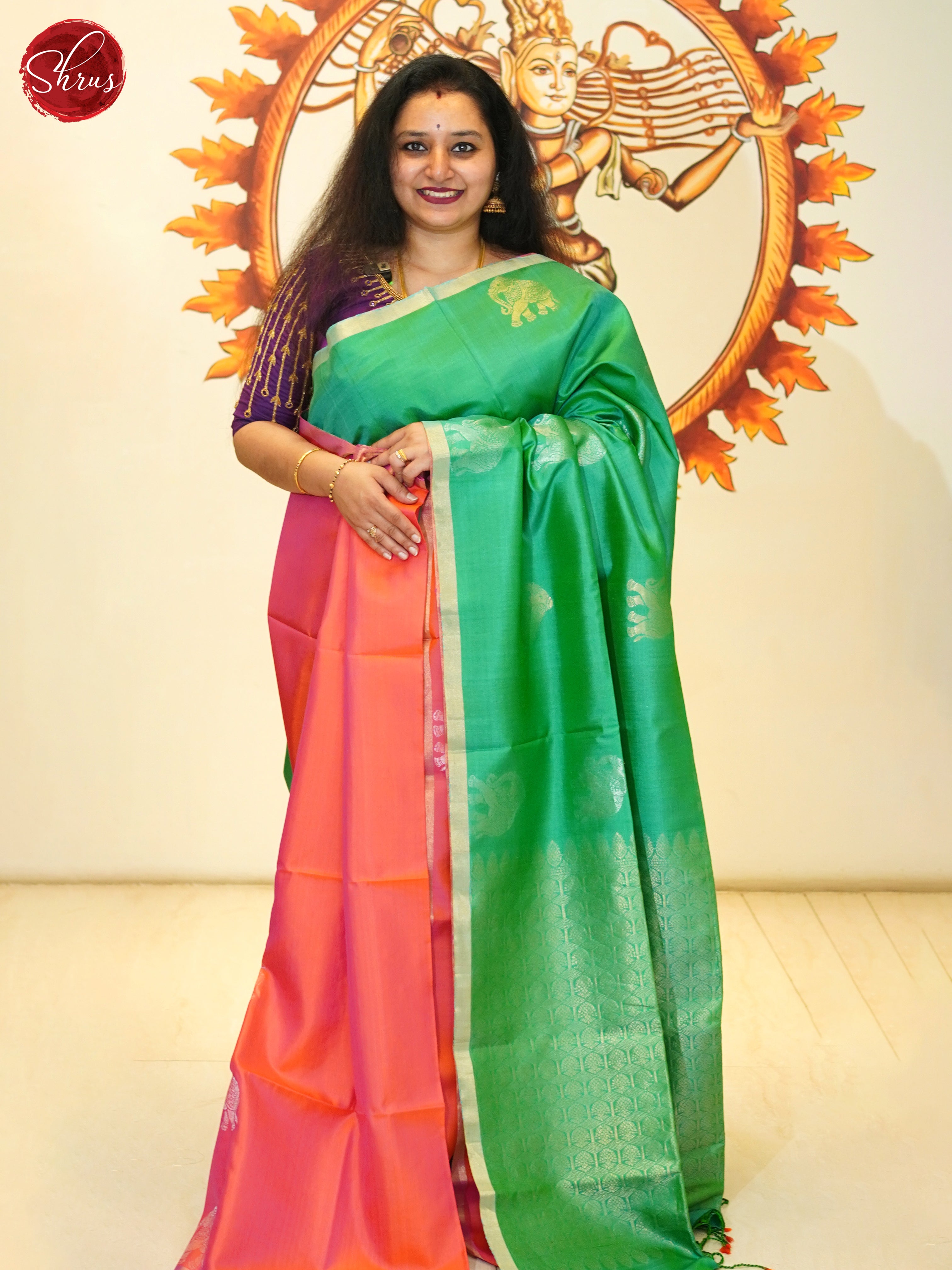 Green & Orangish Pink  - Soft Silk Saree - Shop on ShrusEternity.com