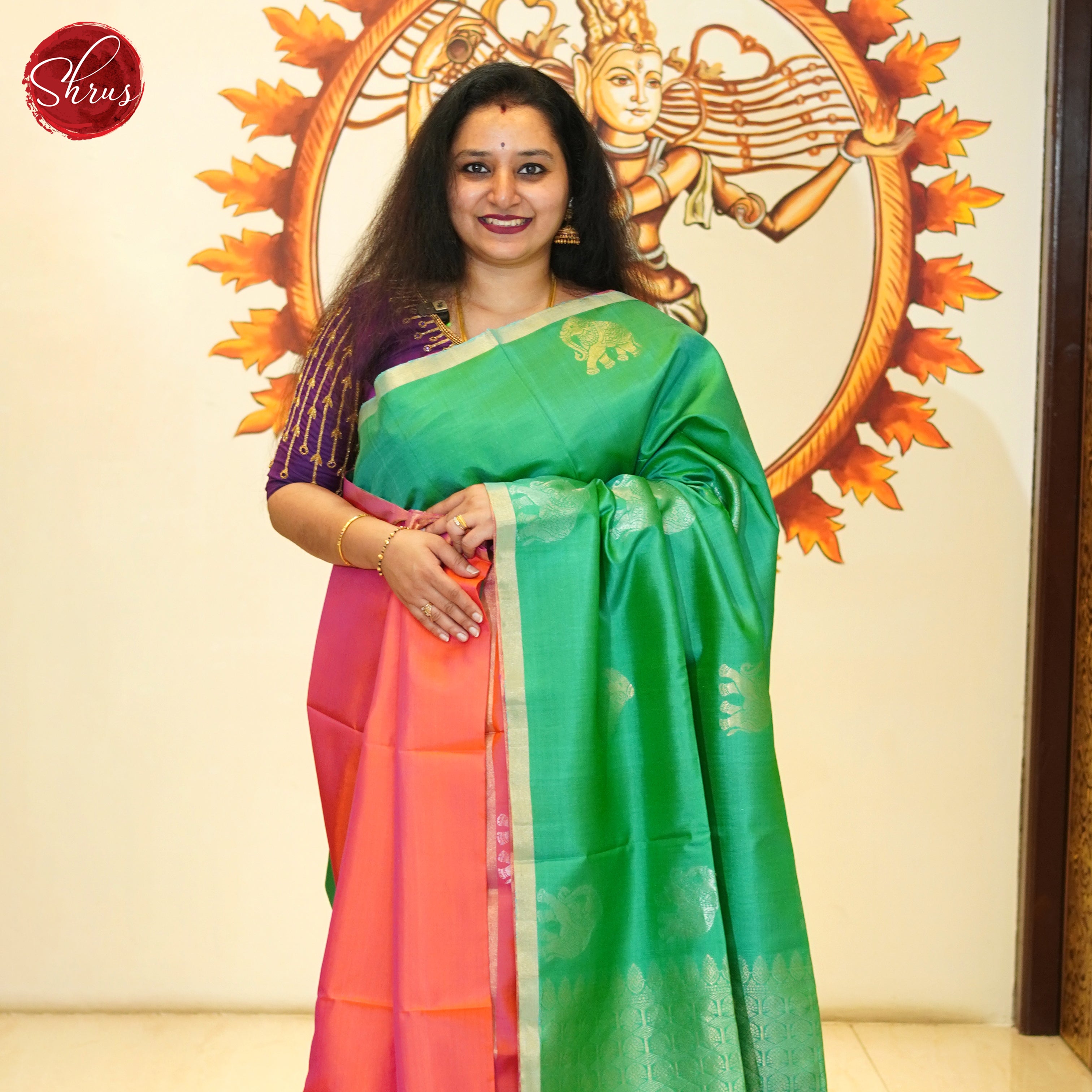 Green & Orangish Pink  - Soft Silk Saree - Shop on ShrusEternity.com