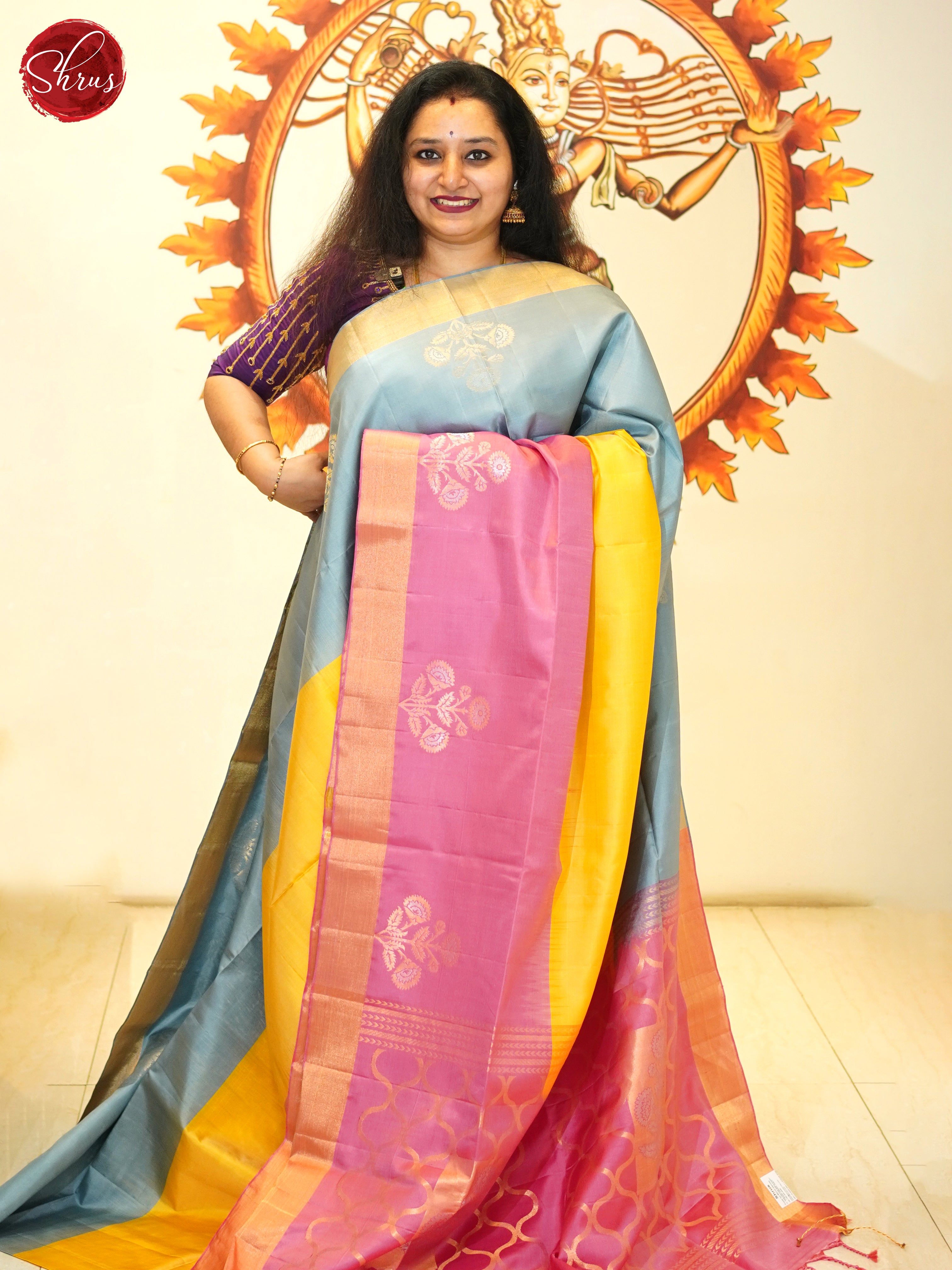 Yellow, Pink & Grey - Soft Silk Saree - Shop on ShrusEternity.com