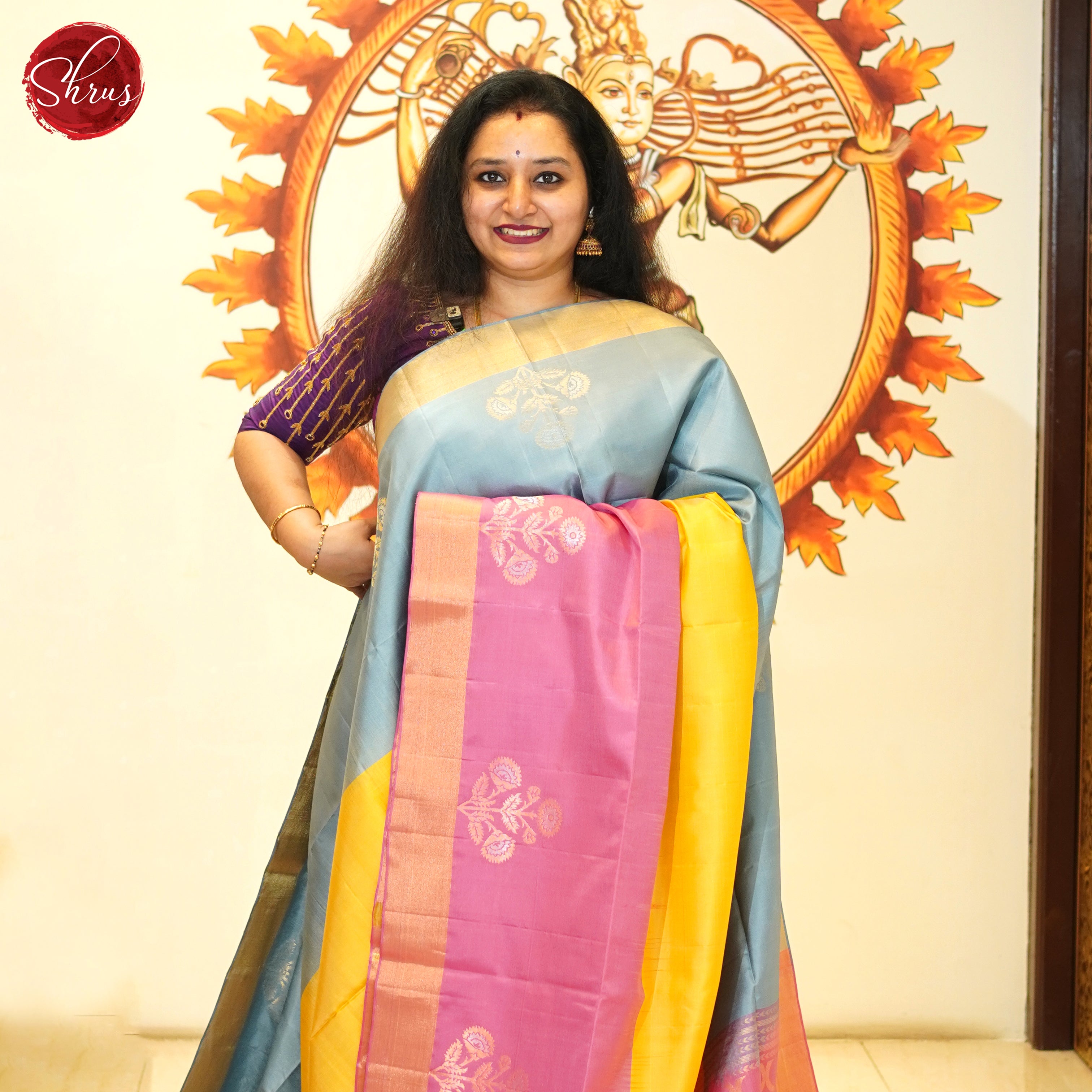 Yellow, Pink & Grey - Soft Silk Saree - Shop on ShrusEternity.com