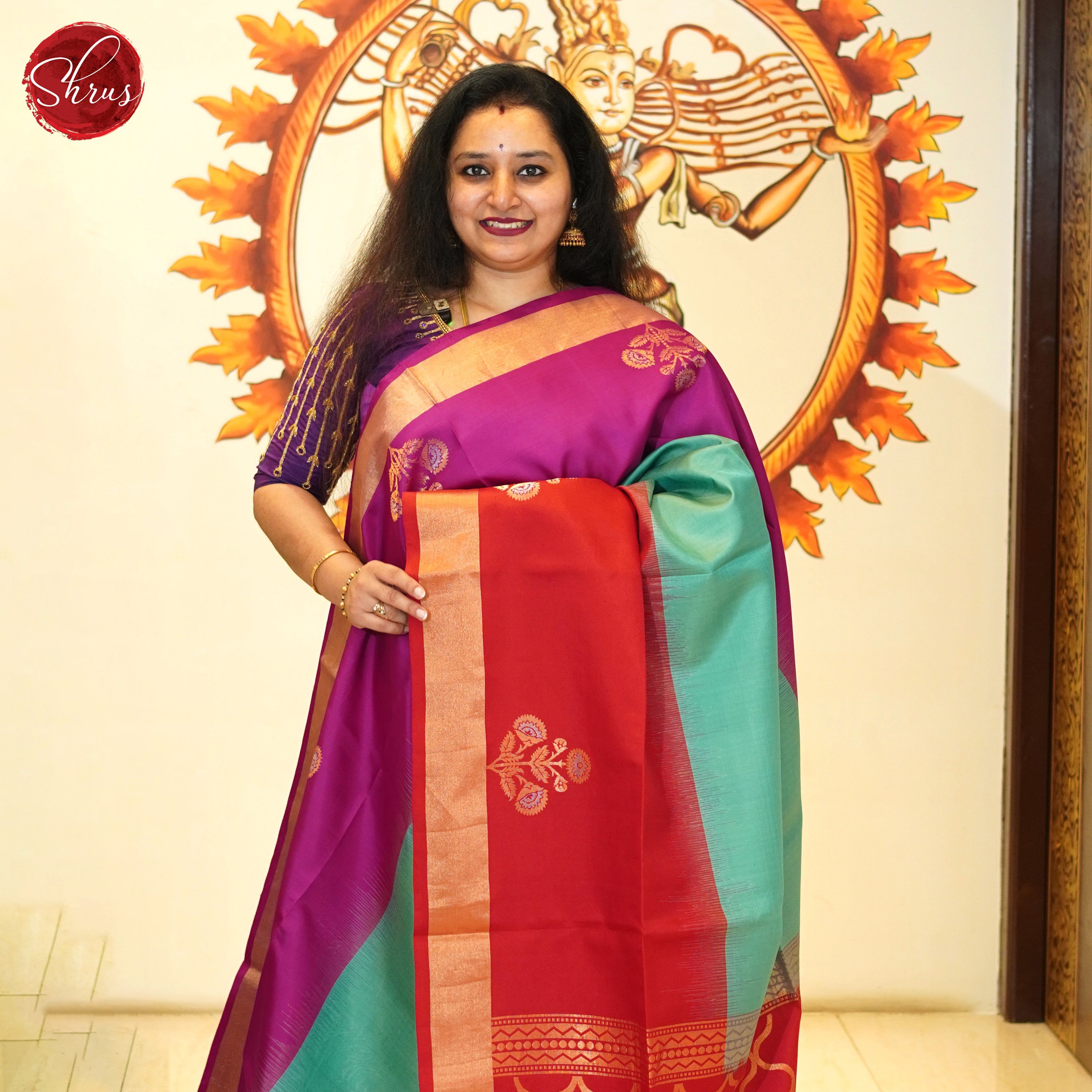 Green , Pink , Red - Soft Silk Saree - Shop on ShrusEternity.com