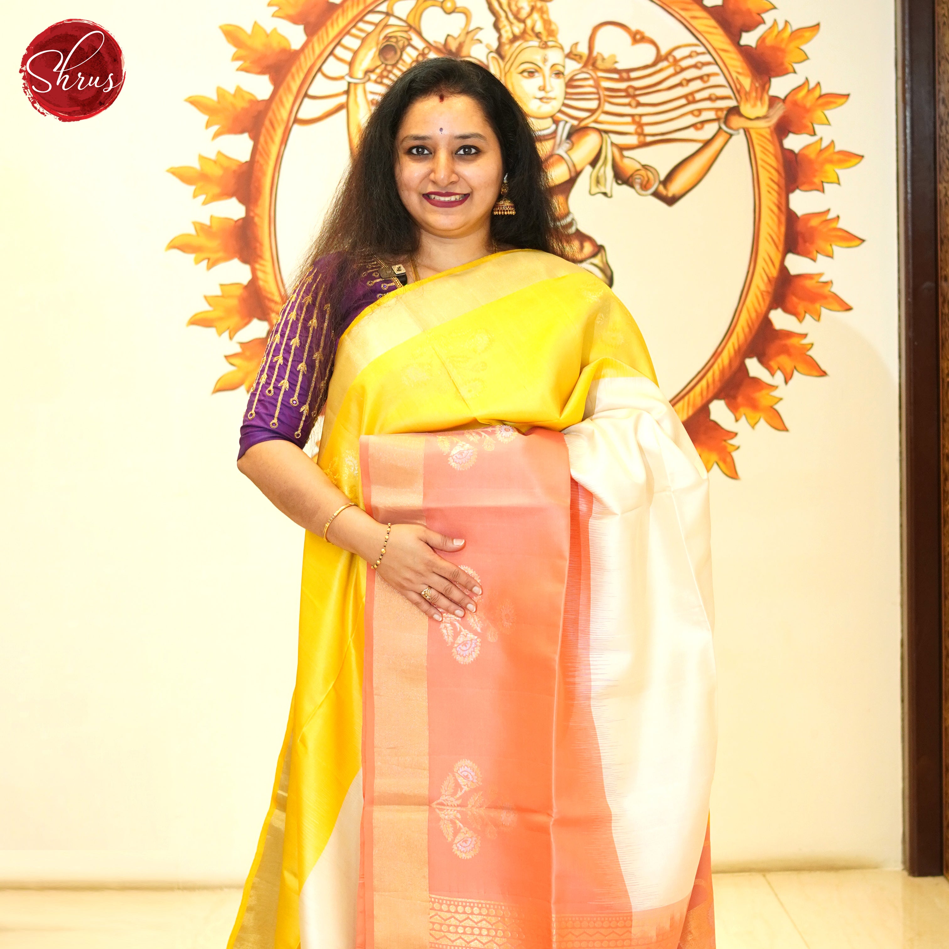 Cream , Green & Peach - Soft Silk Saree - Shop on ShrusEternity.com