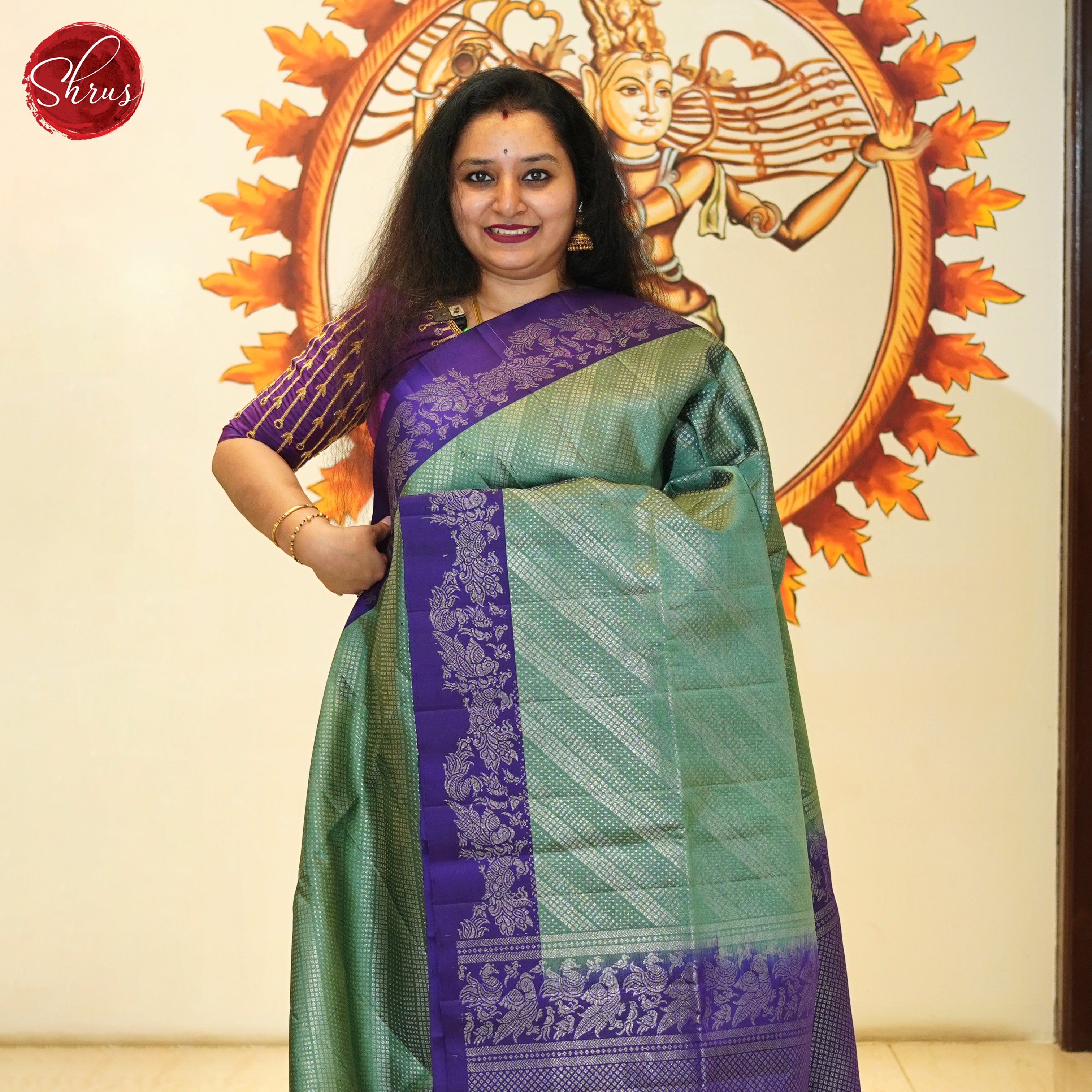 Green & Egg plant- Soft Silk Saree - Shop on ShrusEternity.com