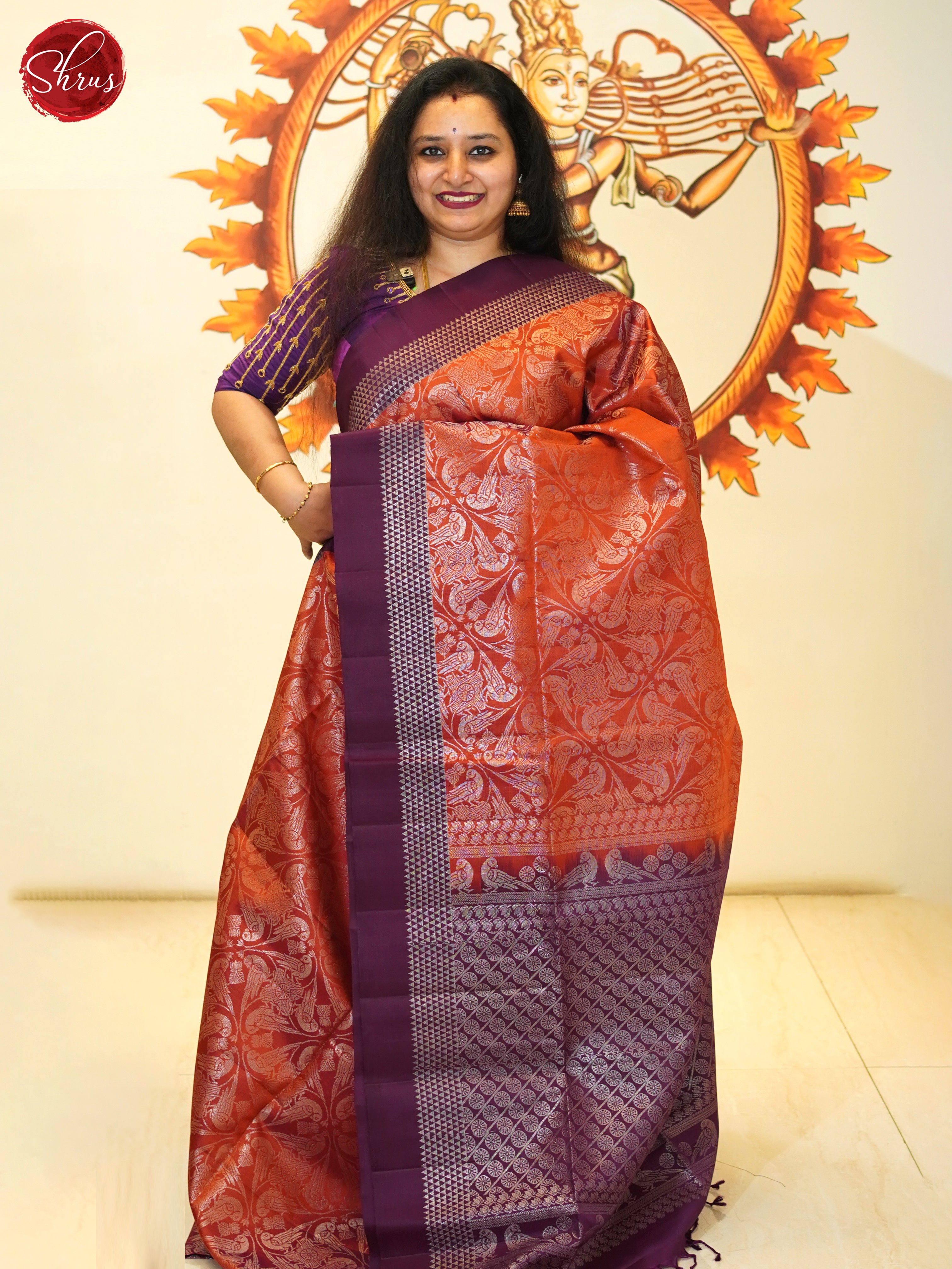 Orange & Wine- Soft Silk Saree - Shop on ShrusEternity.com