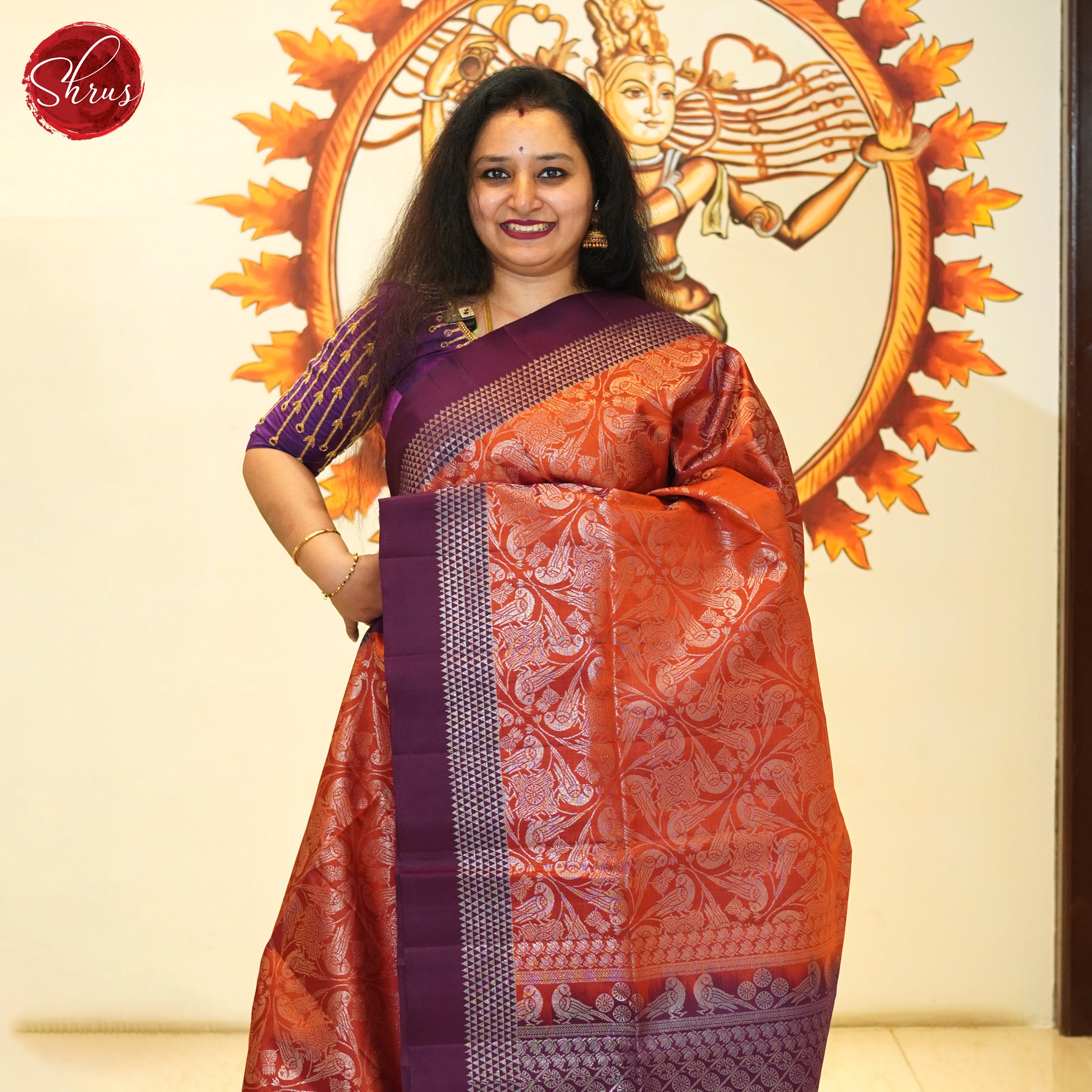 Orange & Wine- Soft Silk Saree - Shop on ShrusEternity.com