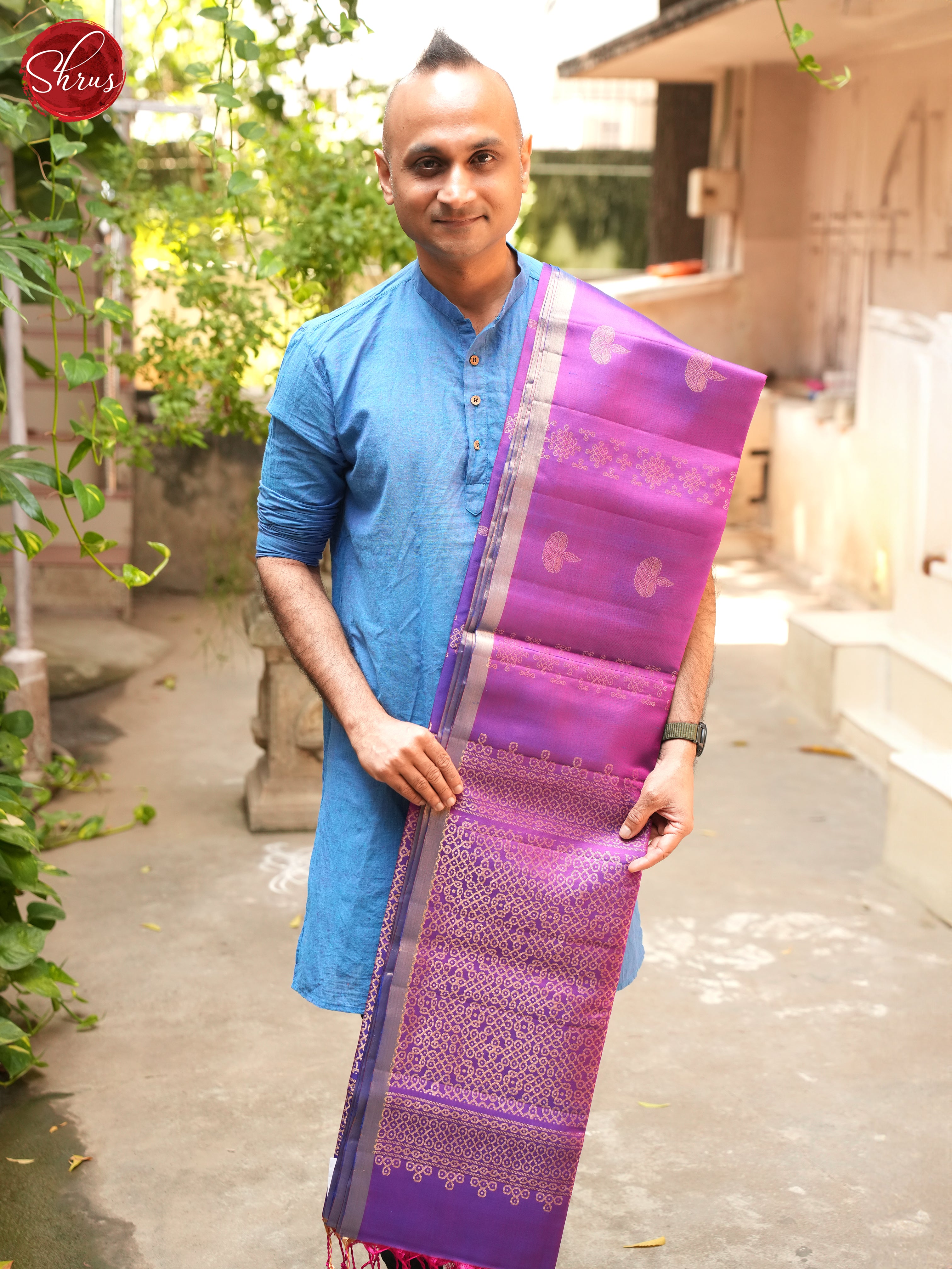 Purple (Single Tone) - Soft Silk Saree with thin Zari borders & with Diya/Kolam body motifs - Shop on ShrusEternity.com