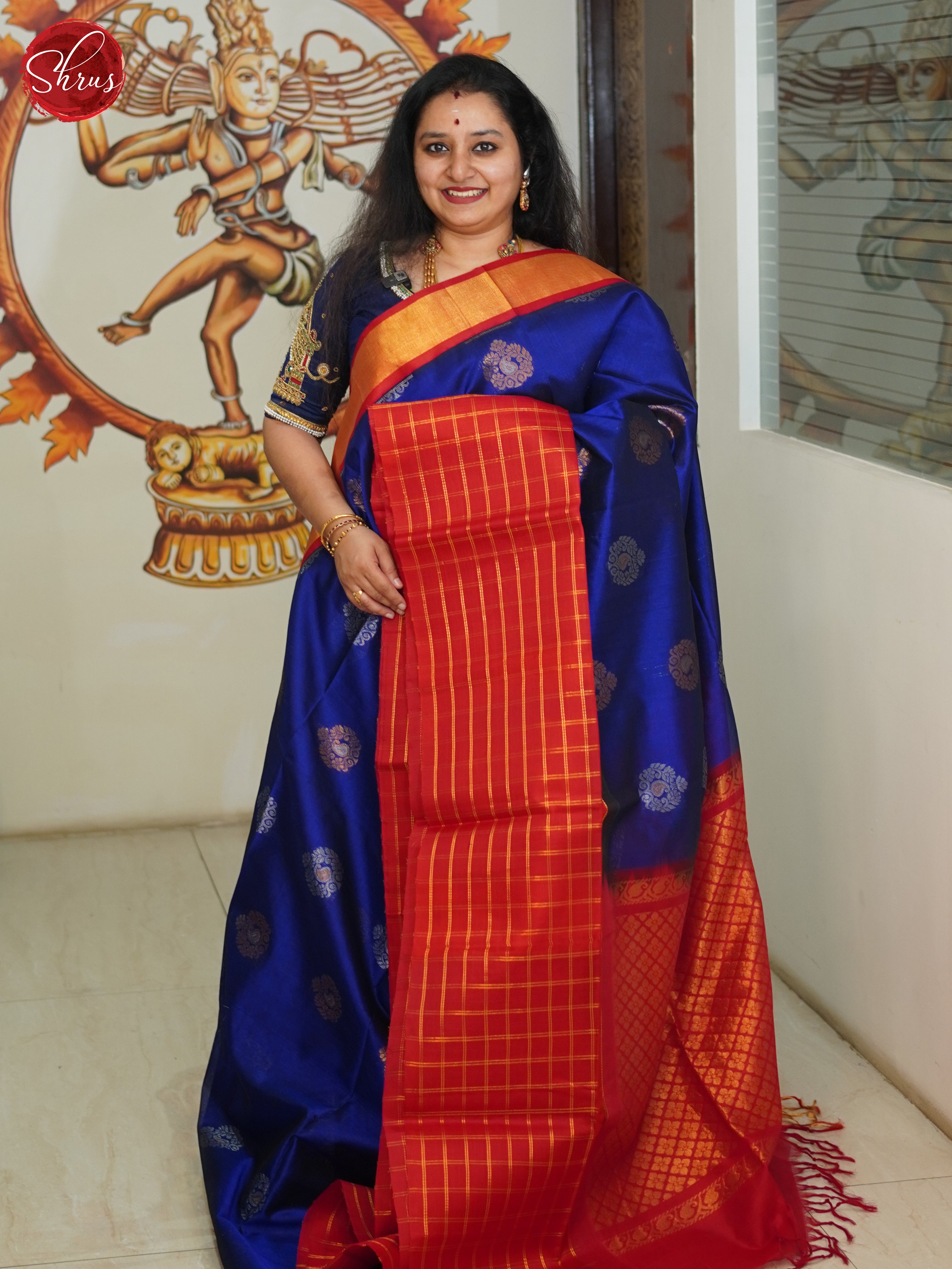 Blue and Red - Silk Cotton Saree - Shop on ShrusEternity.com