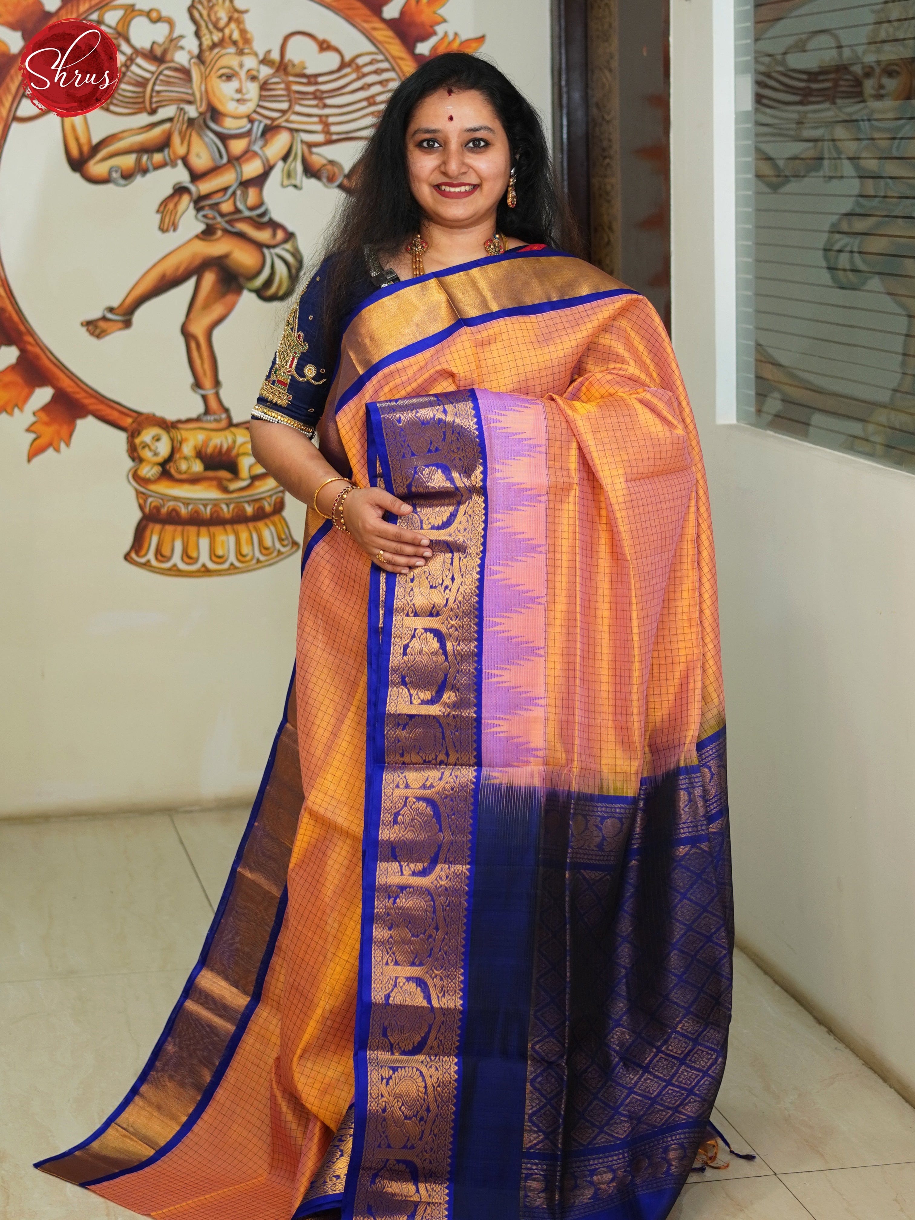 Peach And Blue-Silk Cotton Saree - Shop on ShrusEternity.com