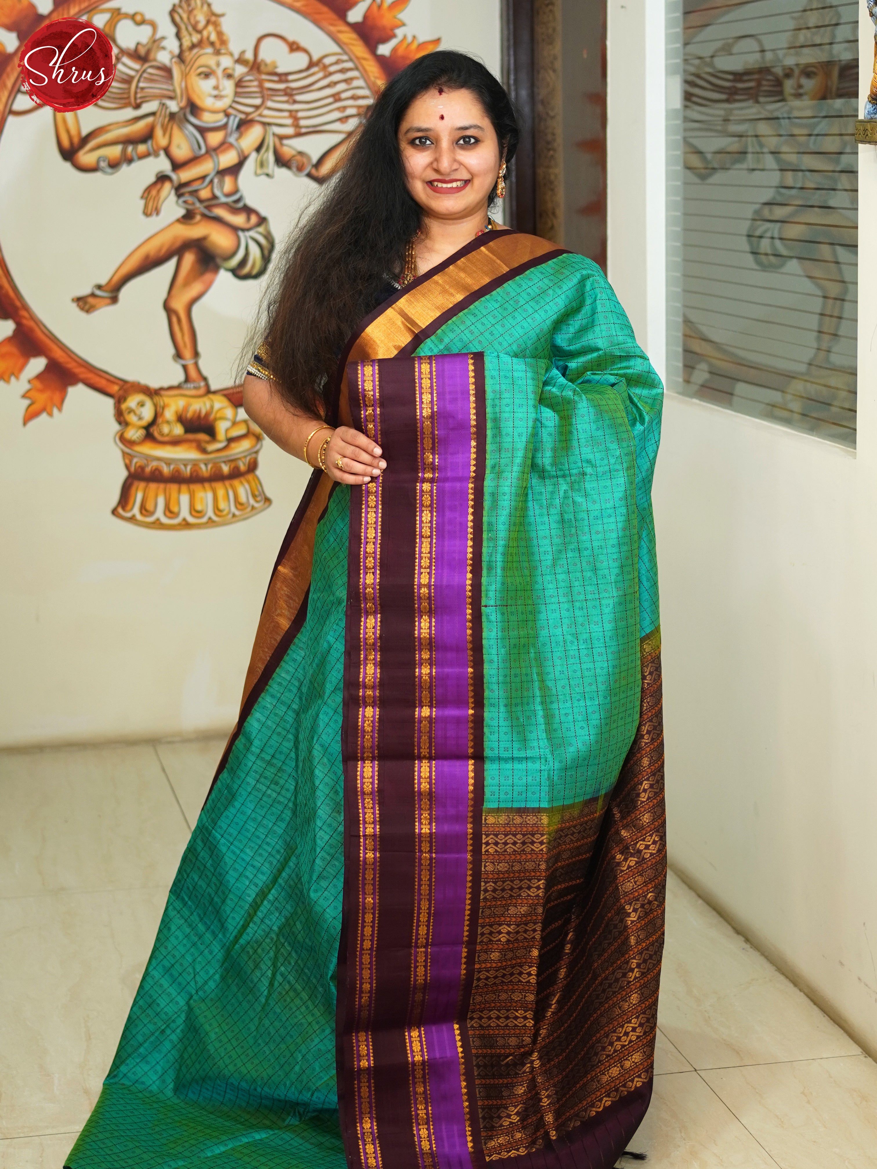 Peacock Blue & Brown - Silk Cotton Saree - Shop on ShrusEternity.com