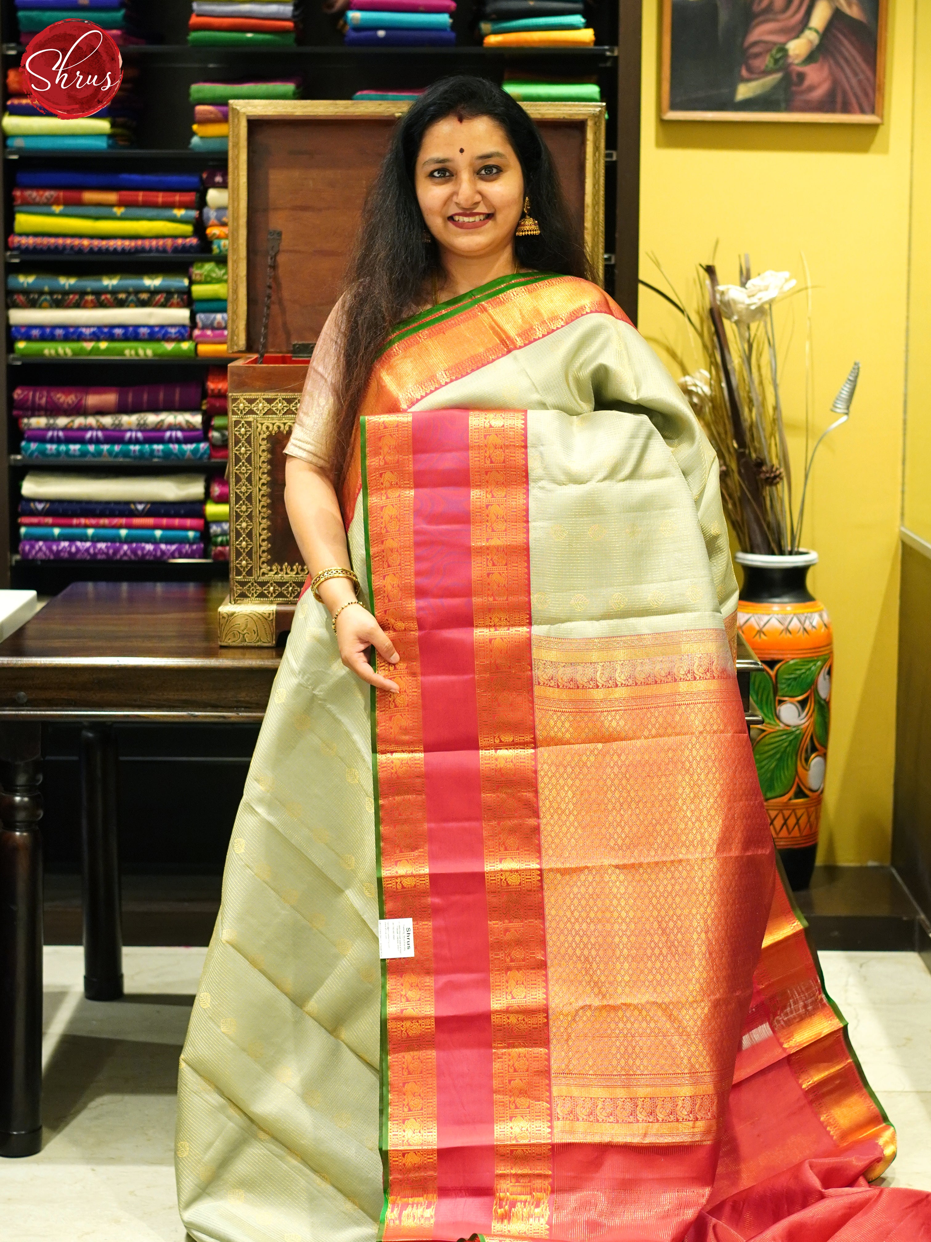 Greenish Grey And Pink- Kachipuram Silk Saree - Shop on ShrusEternity.com