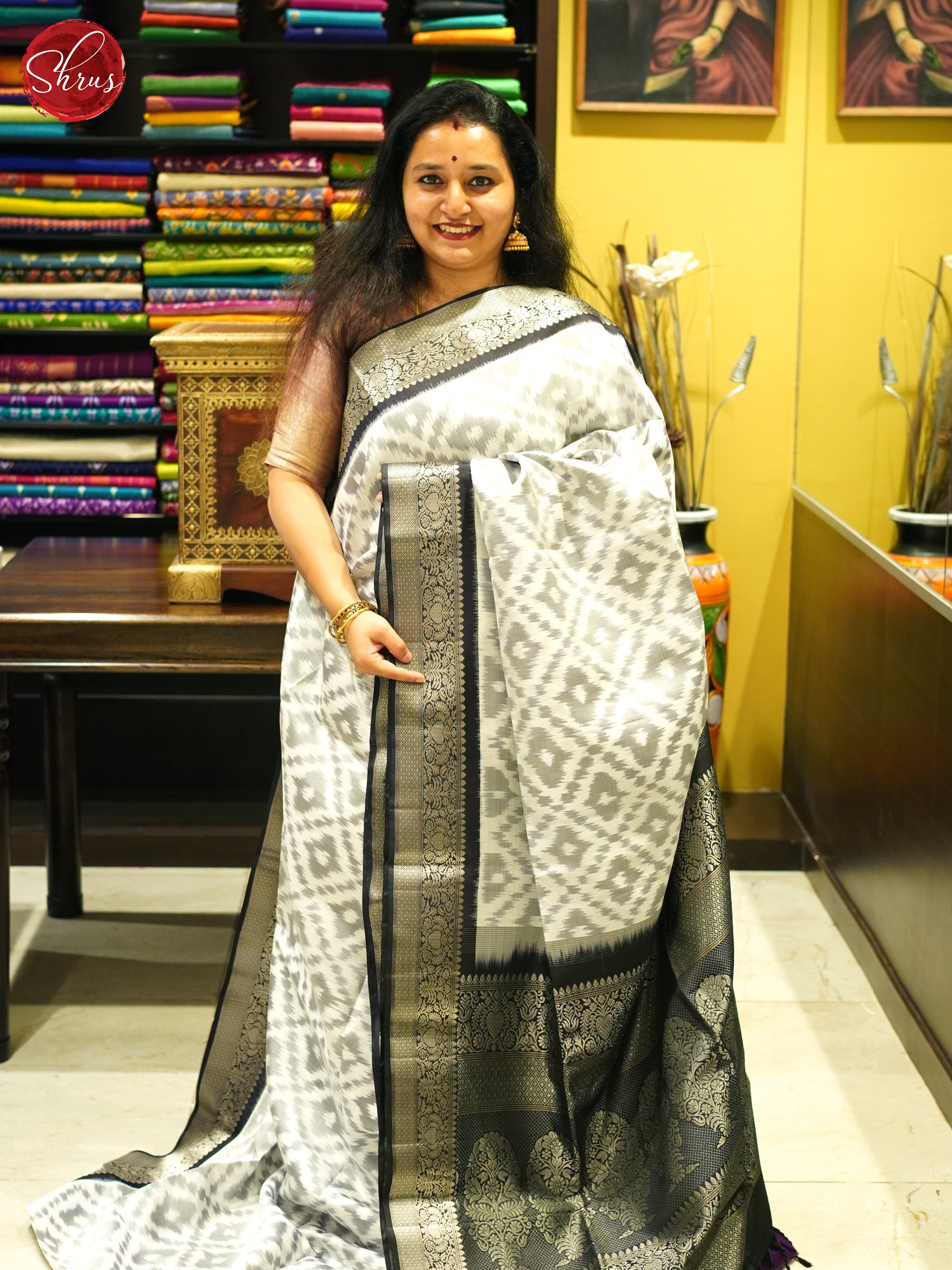 Cream And Black- Soft Silk Saree - Shop on ShrusEternity.com