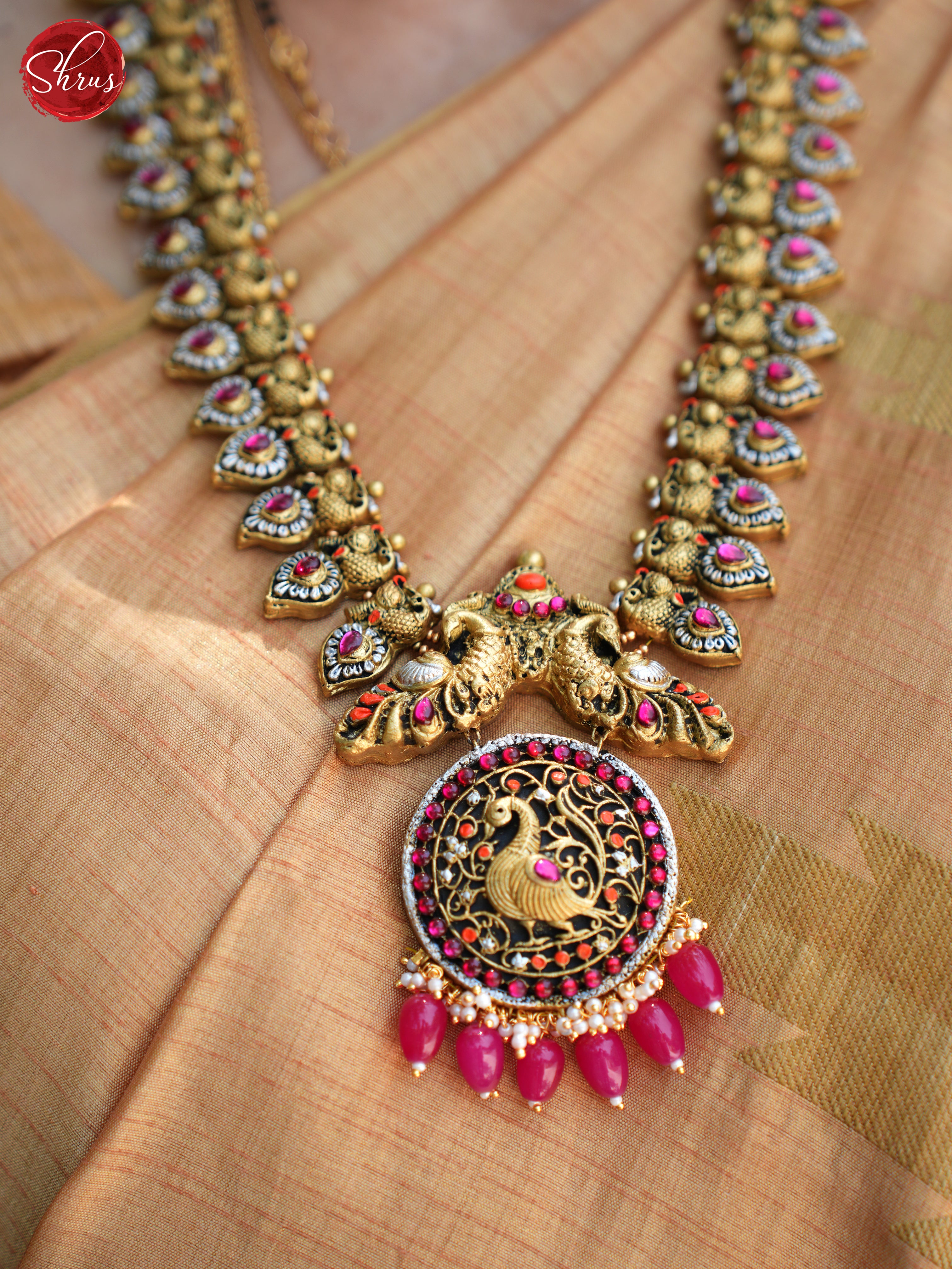 Manga Necklace with peacock pendant terracotta jewellery with jhumkas - Accessories - Shop on ShrusEternity.com