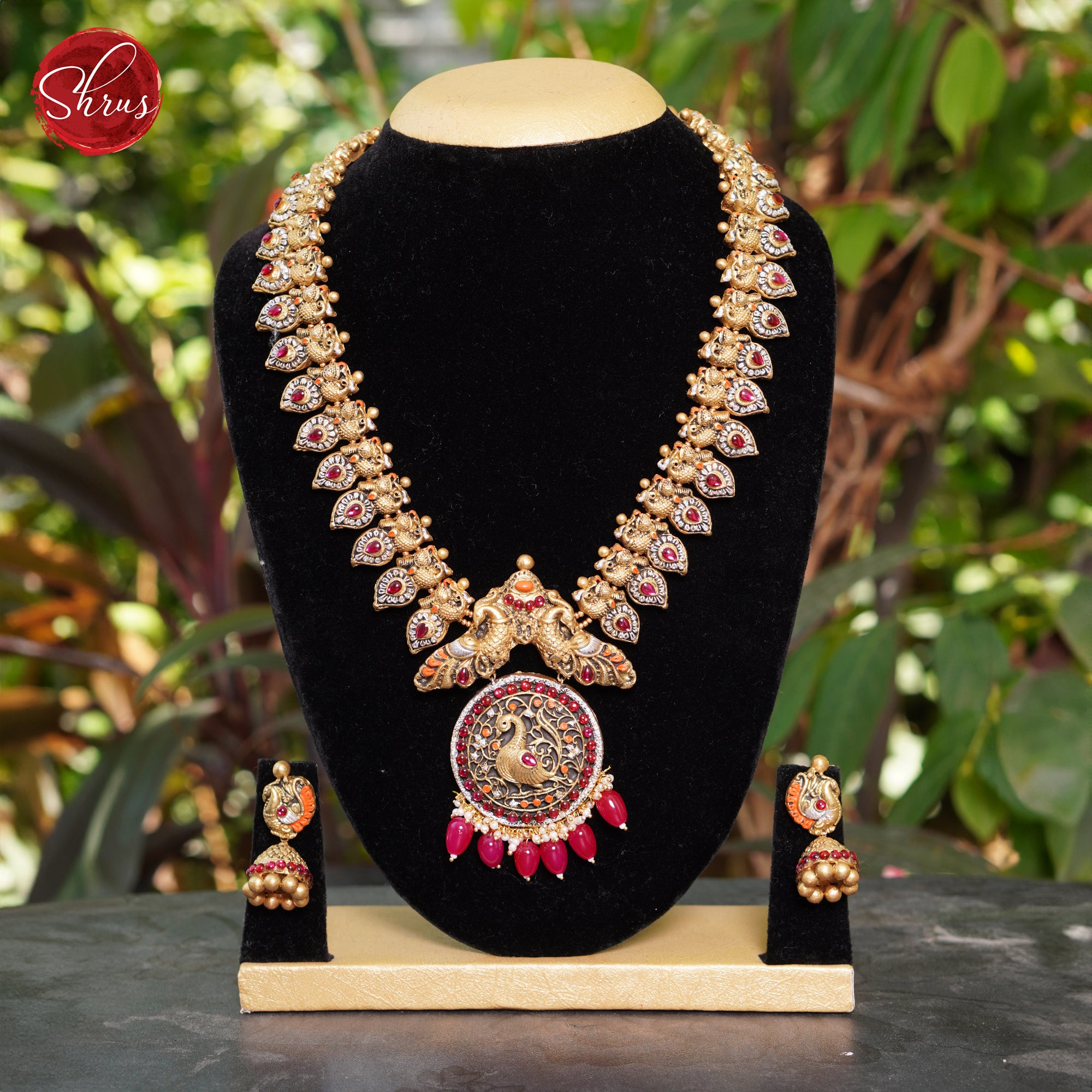 Manga Necklace with peacock pendant terracotta jewellery with jhumkas - Accessories - Shop on ShrusEternity.com
