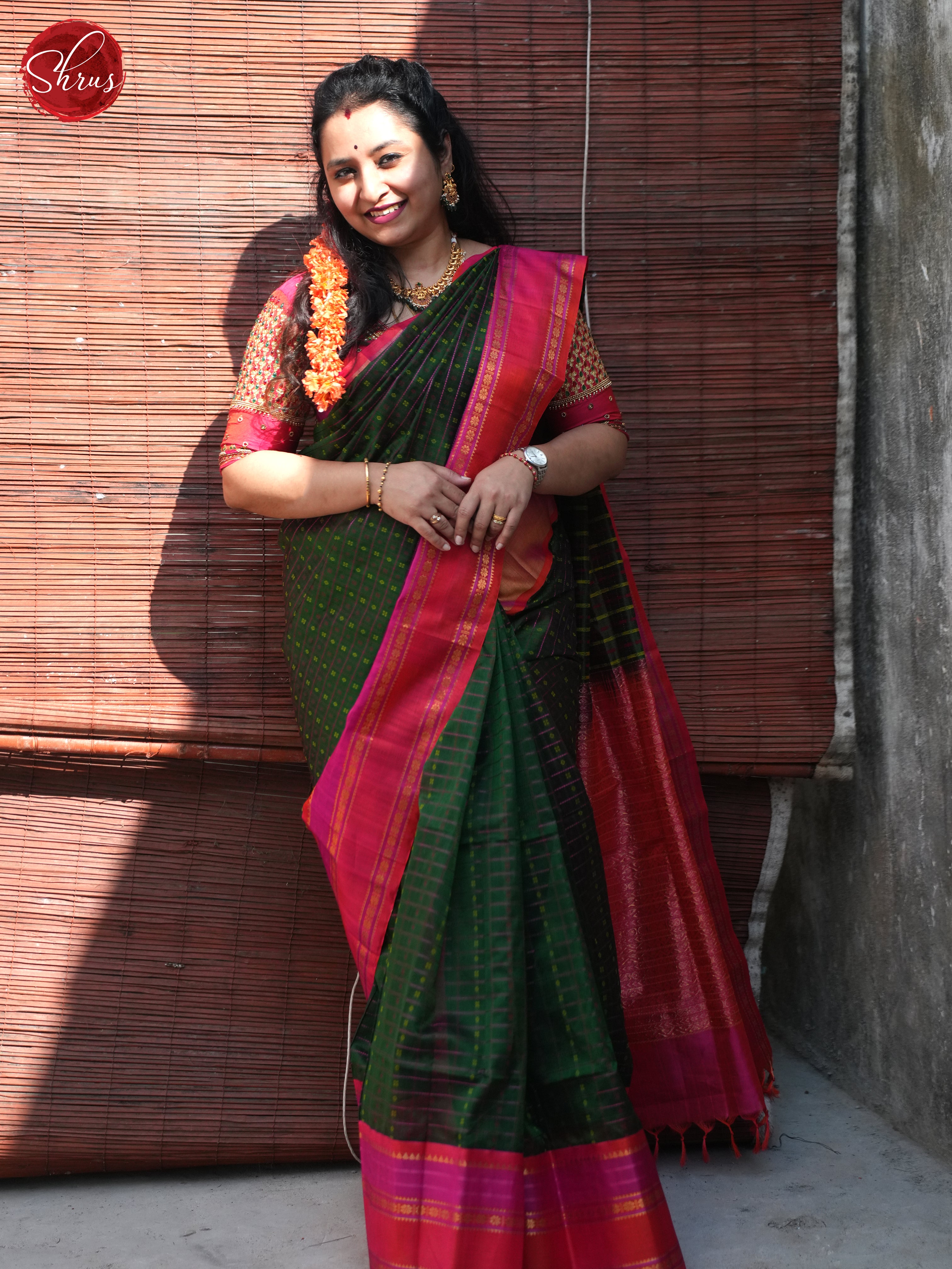 Green And Pink- Silk Cotton Saree - Shop on ShrusEternity.com