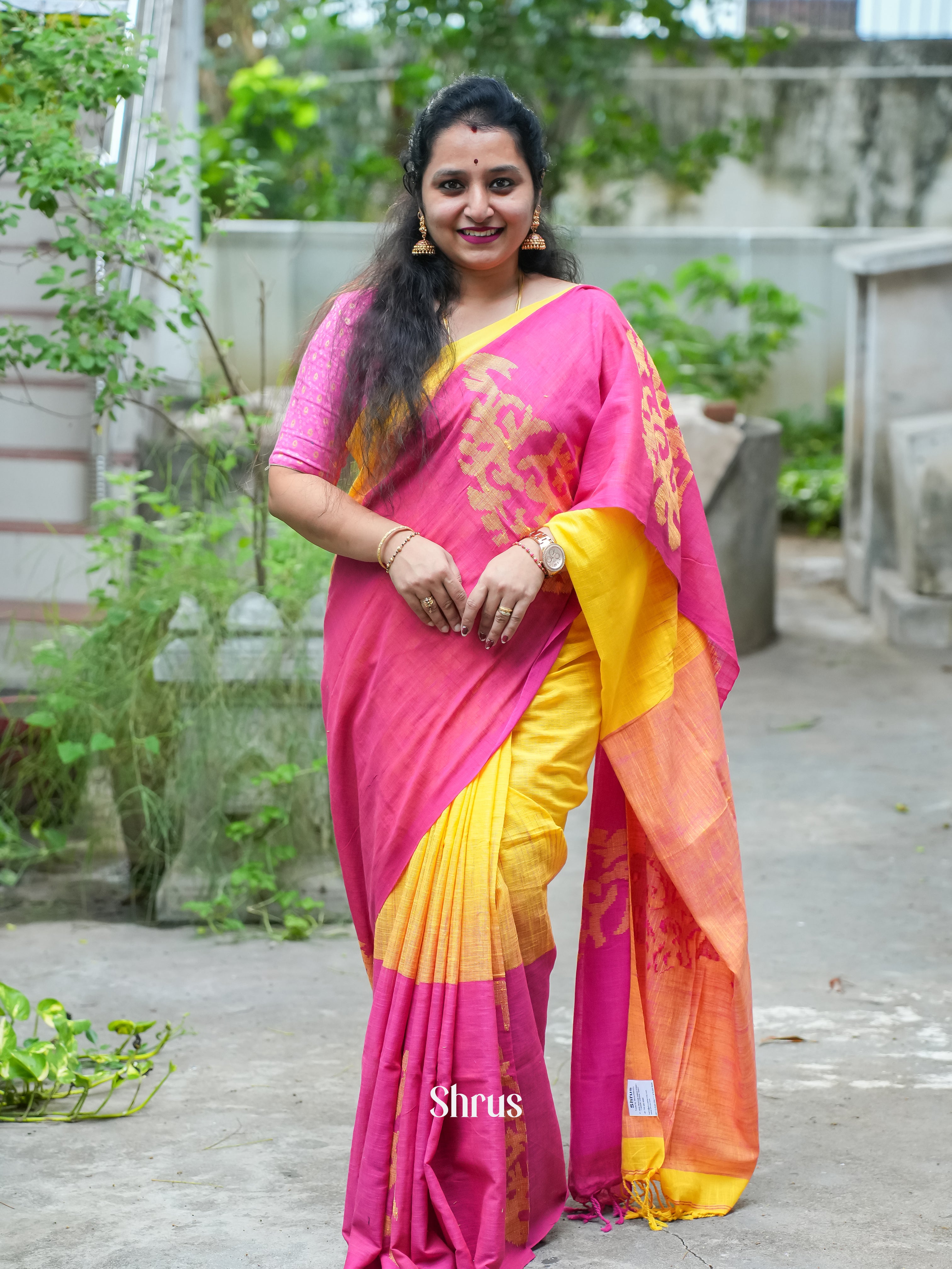 Yellow & Pink - Bengal cotton Saree - Shop on ShrusEternity.com