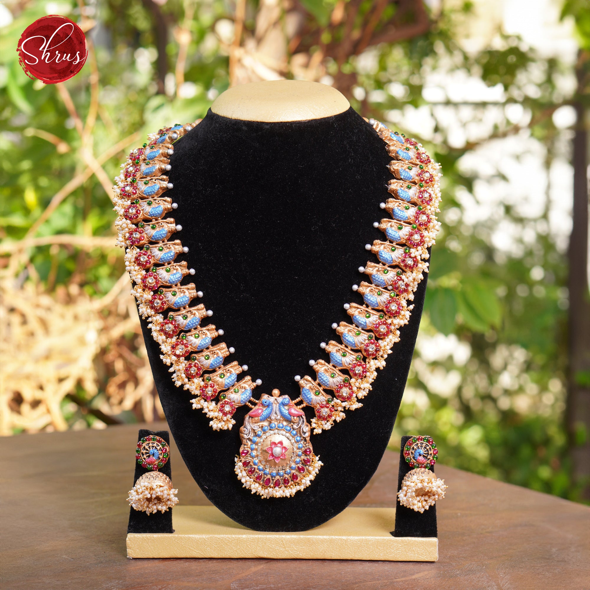 Handcrafted Peacock Terracota necklace with Jhumkas - Accessories - Shop on ShrusEternity.com