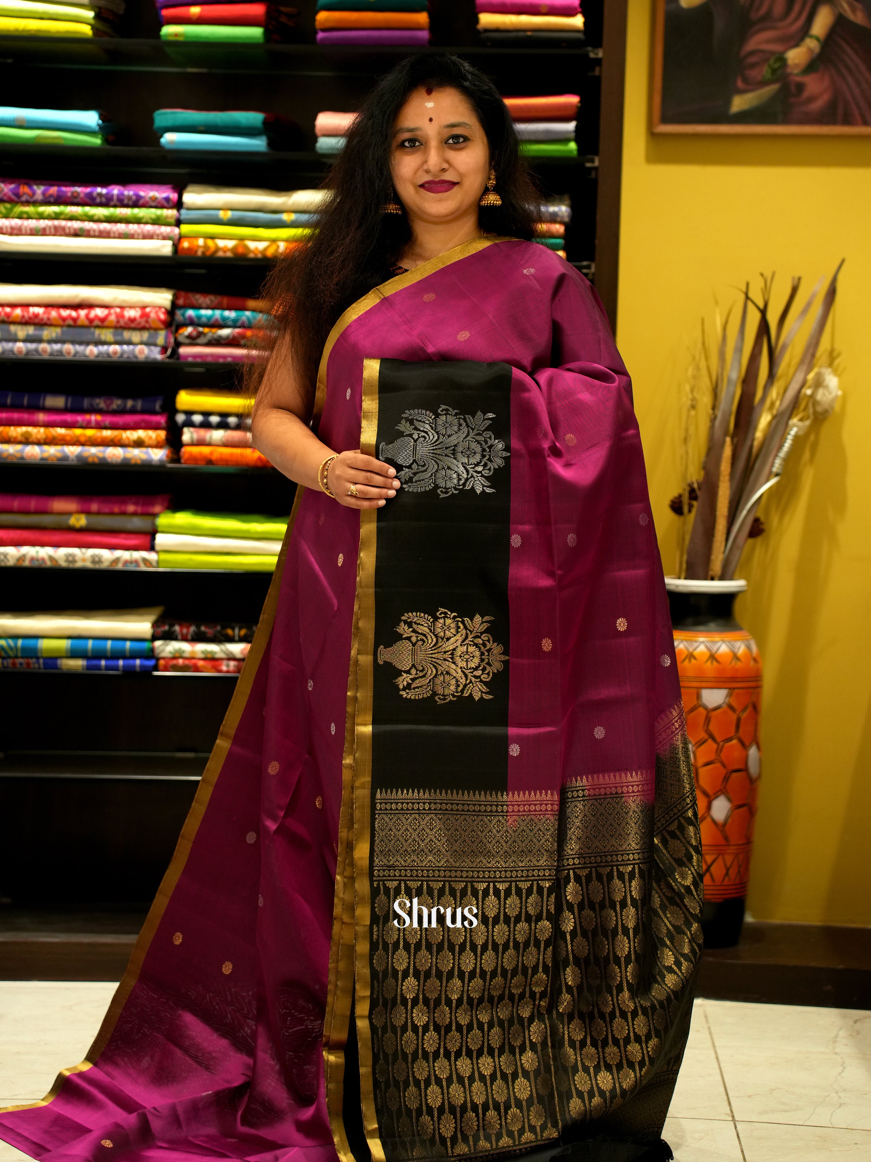 Wine & Black - Soft Silk Saree - Shop on ShrusEternity.com