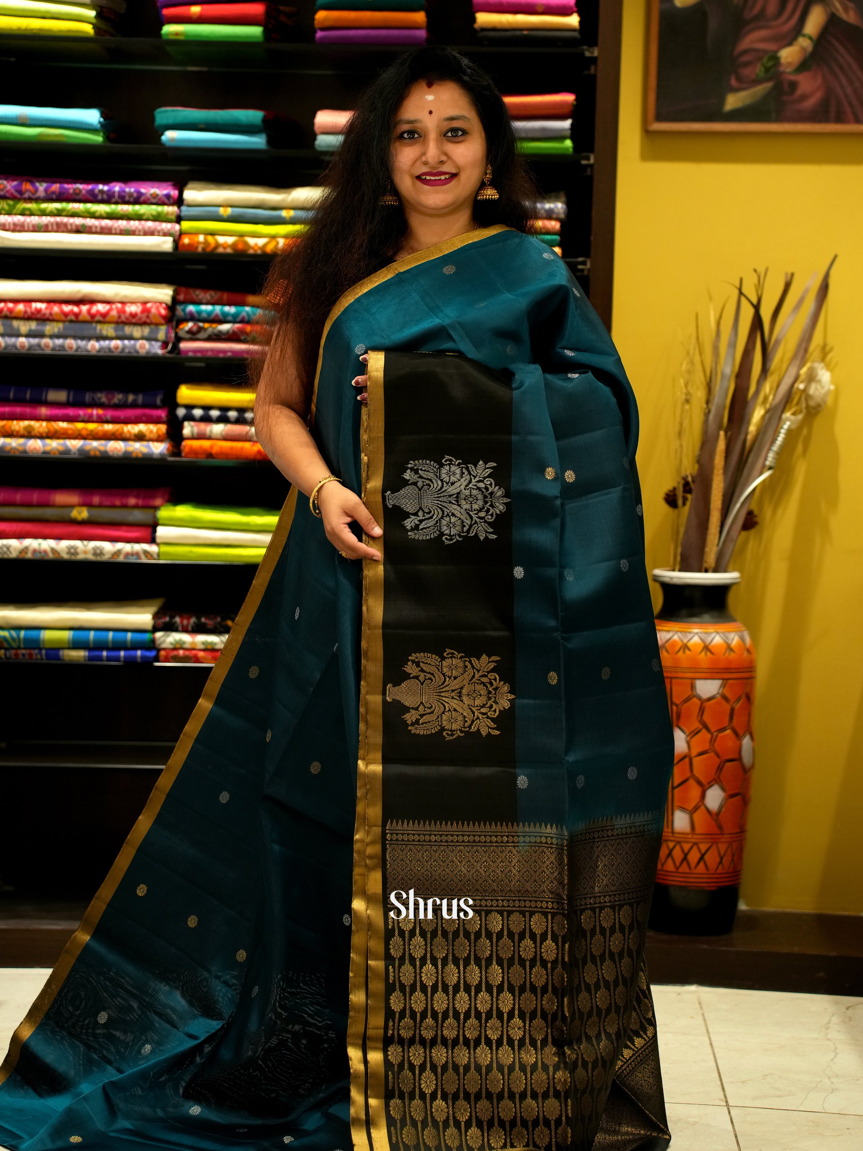 Peacock Blue & Black - Soft Silk saree - Shop on ShrusEternity.com