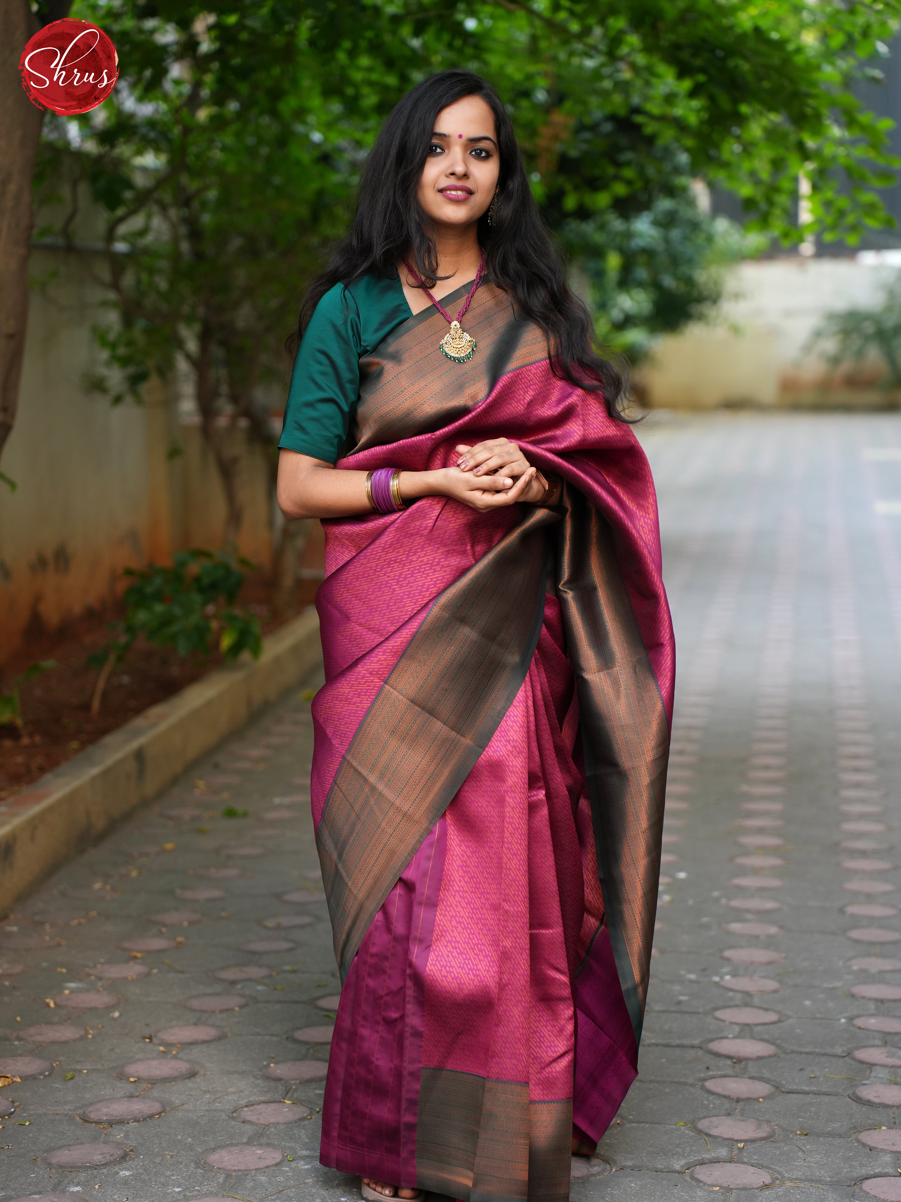 Majenta pink and green -. semi kanchipuram Saree - Shop on ShrusEternity.com